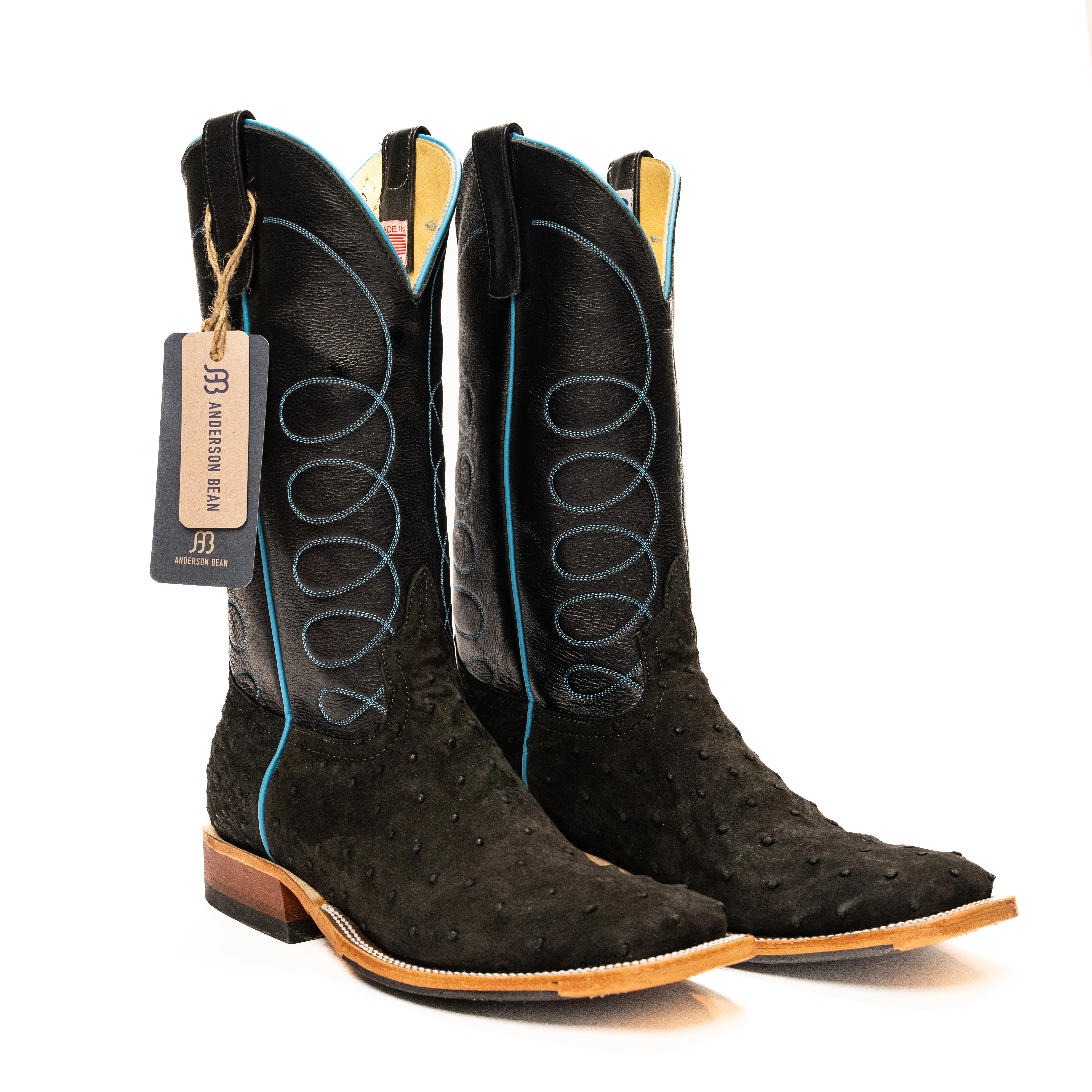 Anderson Bean Black Sueded Ostrich Square Toe Boots - Image 2
