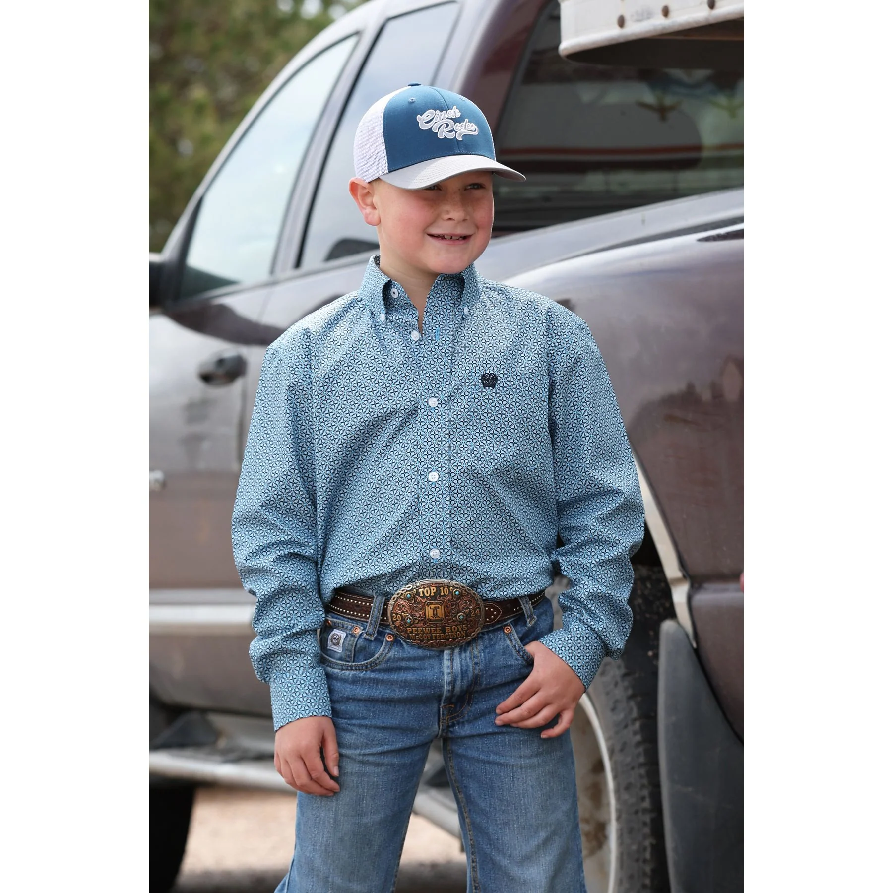 Boy's Cinch Long Sleeve Blue Geometric Print Button Down Shirt MTW7060417