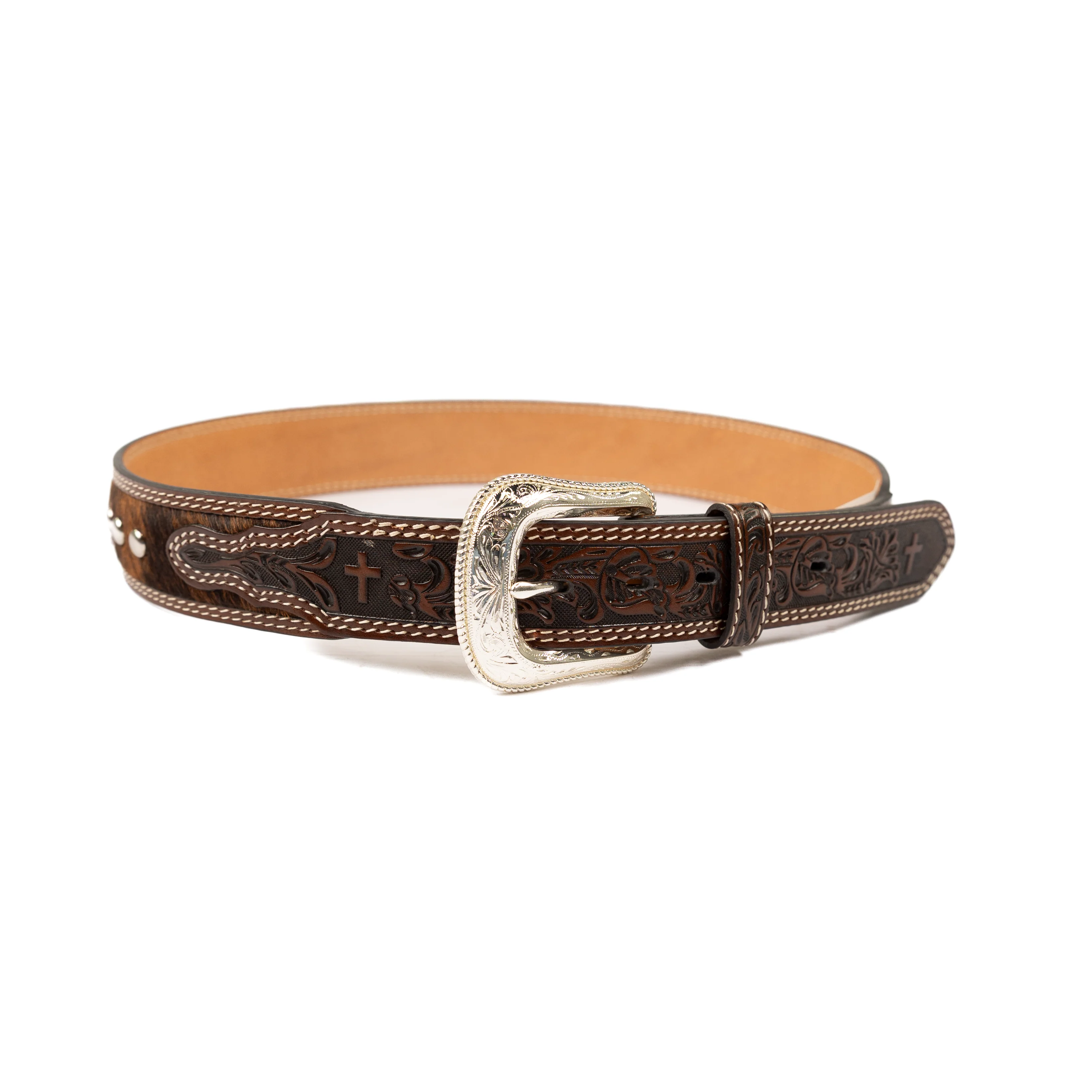 Boy's Cowboy Chrome Brown Leather Belt with Cow Hide 735 - Image 3