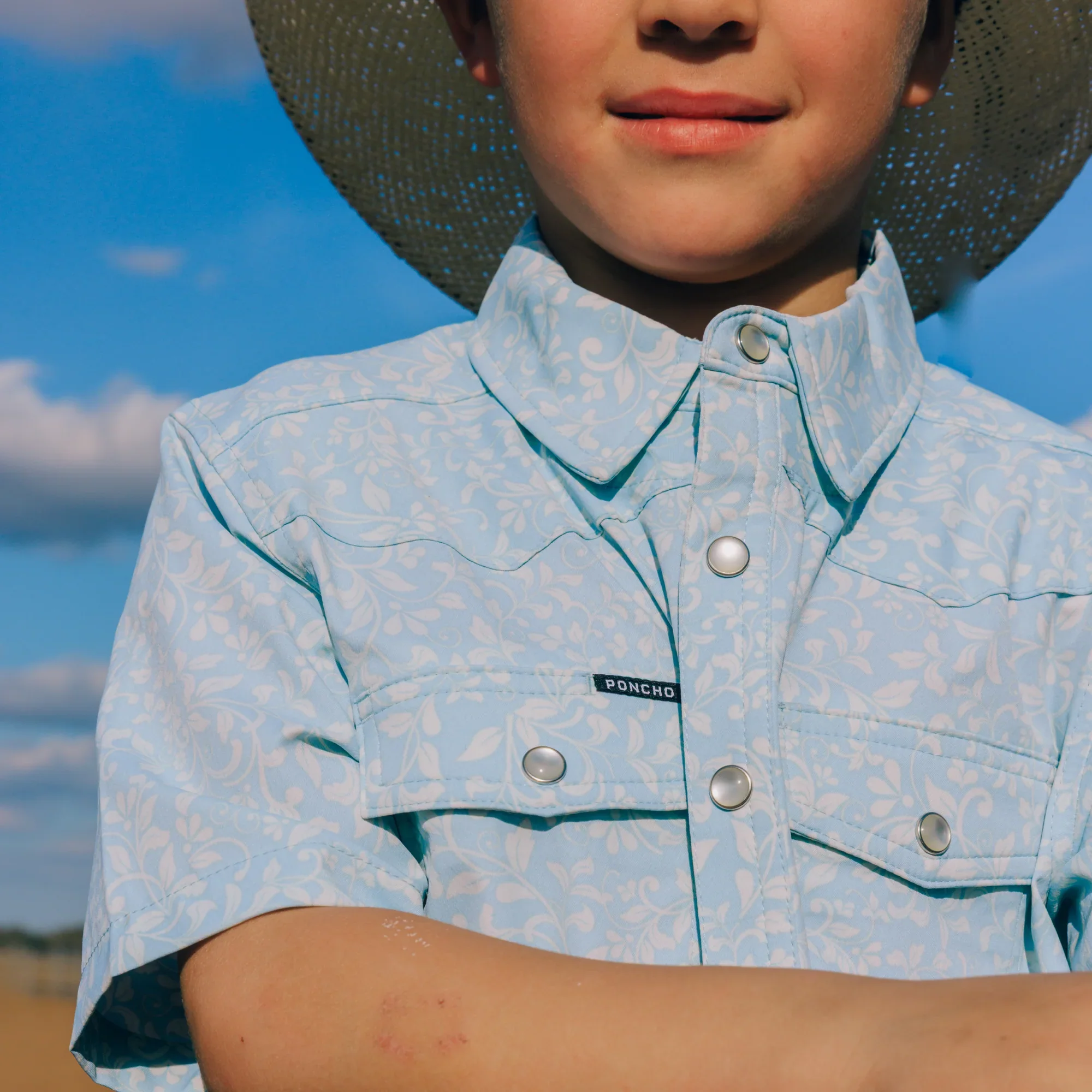 Boy's Poncho "The Alma" Blue Short Sleeve Floral Print Snap Shirt - Image 6