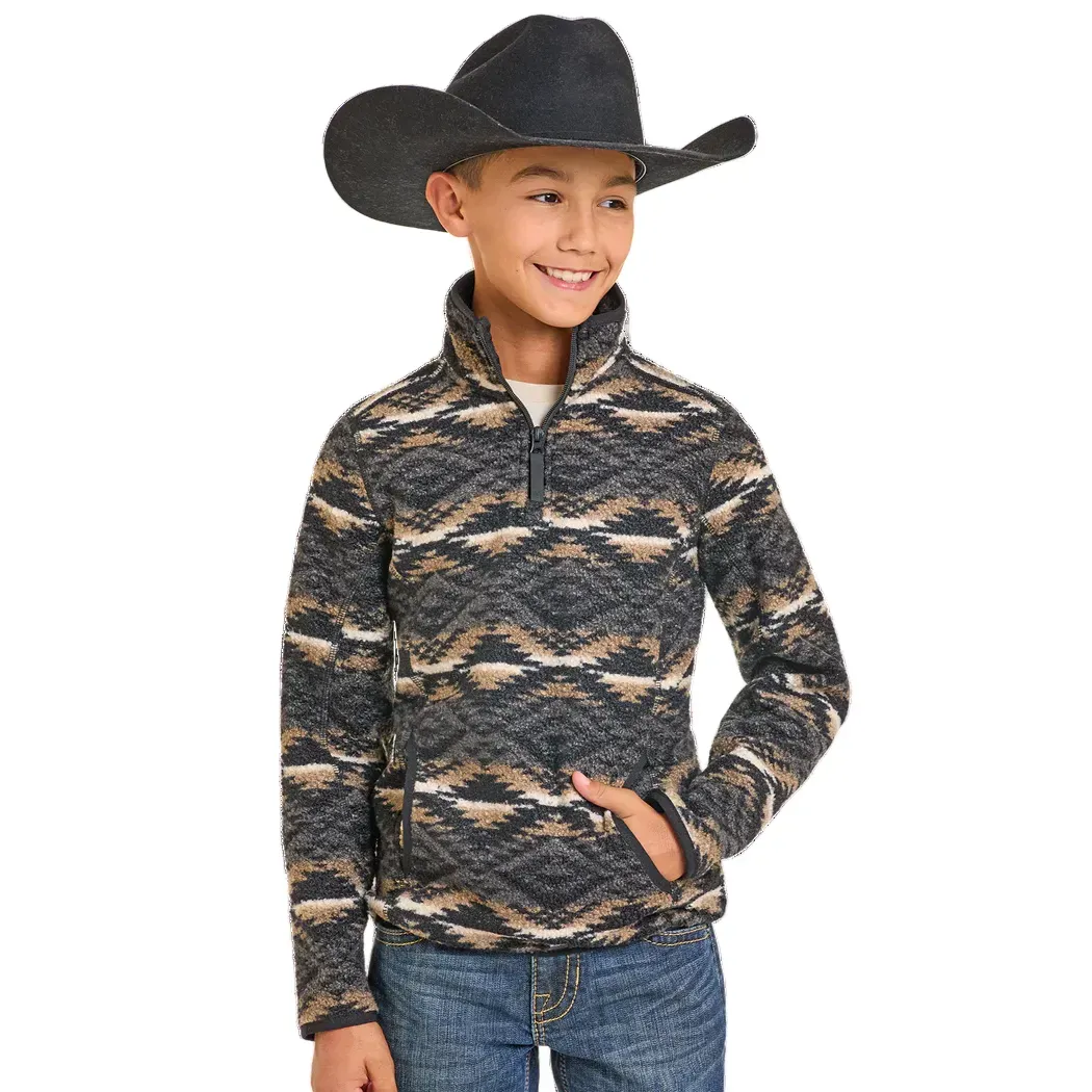 Boy's Rock and Roll Denim Black Aztec Print Fleece Pullover BB91C06750-01