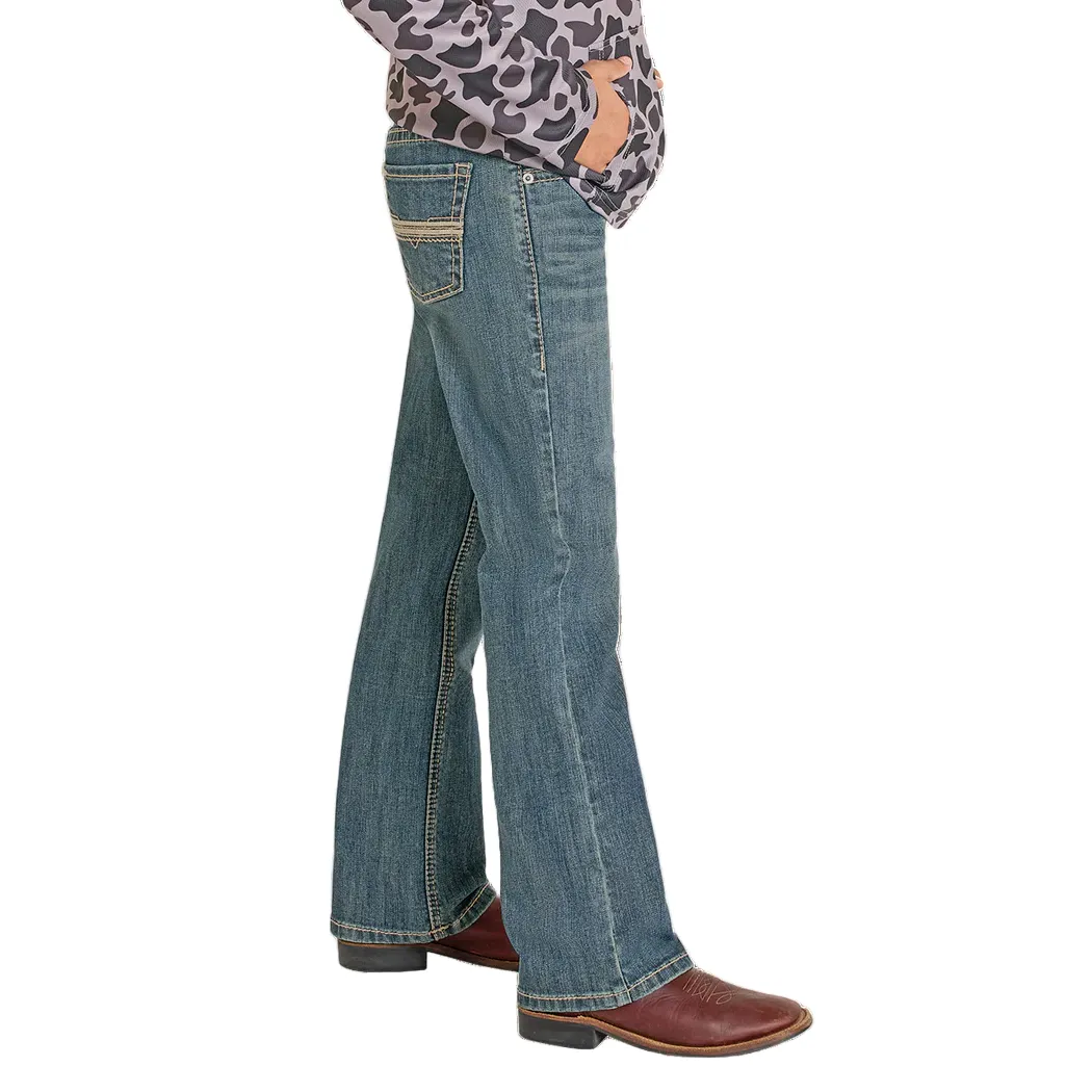 Boy's Rock and Roll Denim Regular Fit Pleather Stitch Bootcut Jeans BB0BD08052 - Image 2