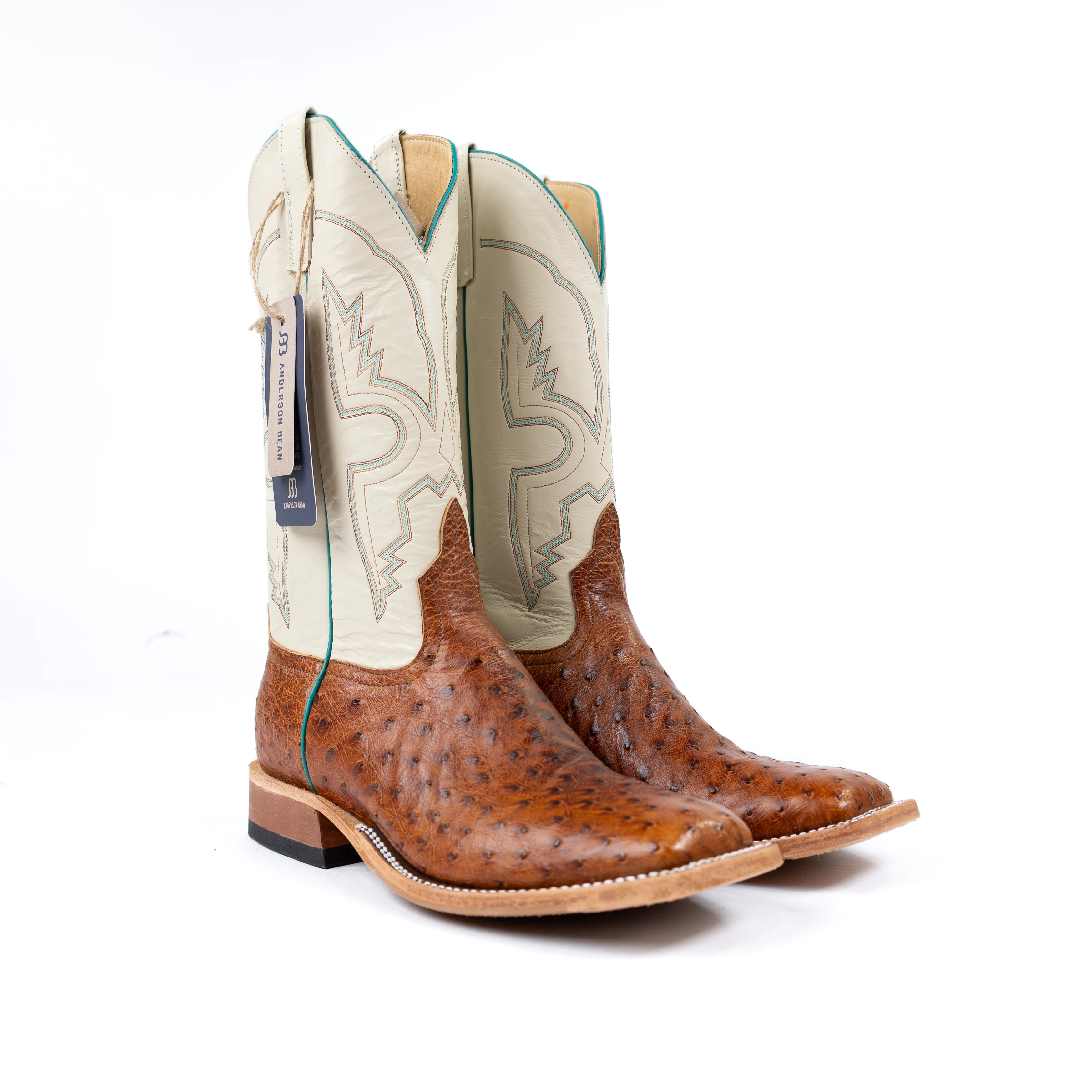 Anderson Bean Cognac Full Quill Ostrich Square Toe Boots - Image 3