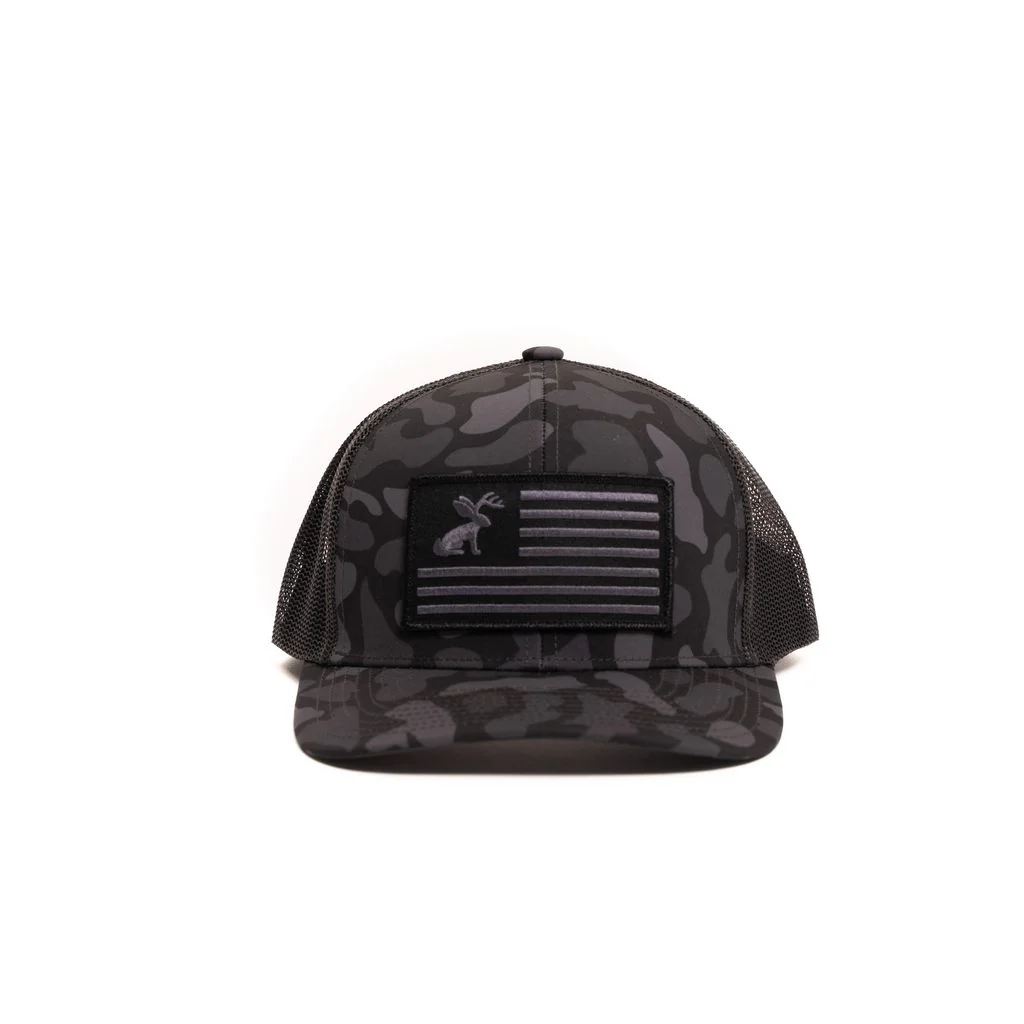 Crazy House Black Duck Camo Jackalope Flag Snapback Cap