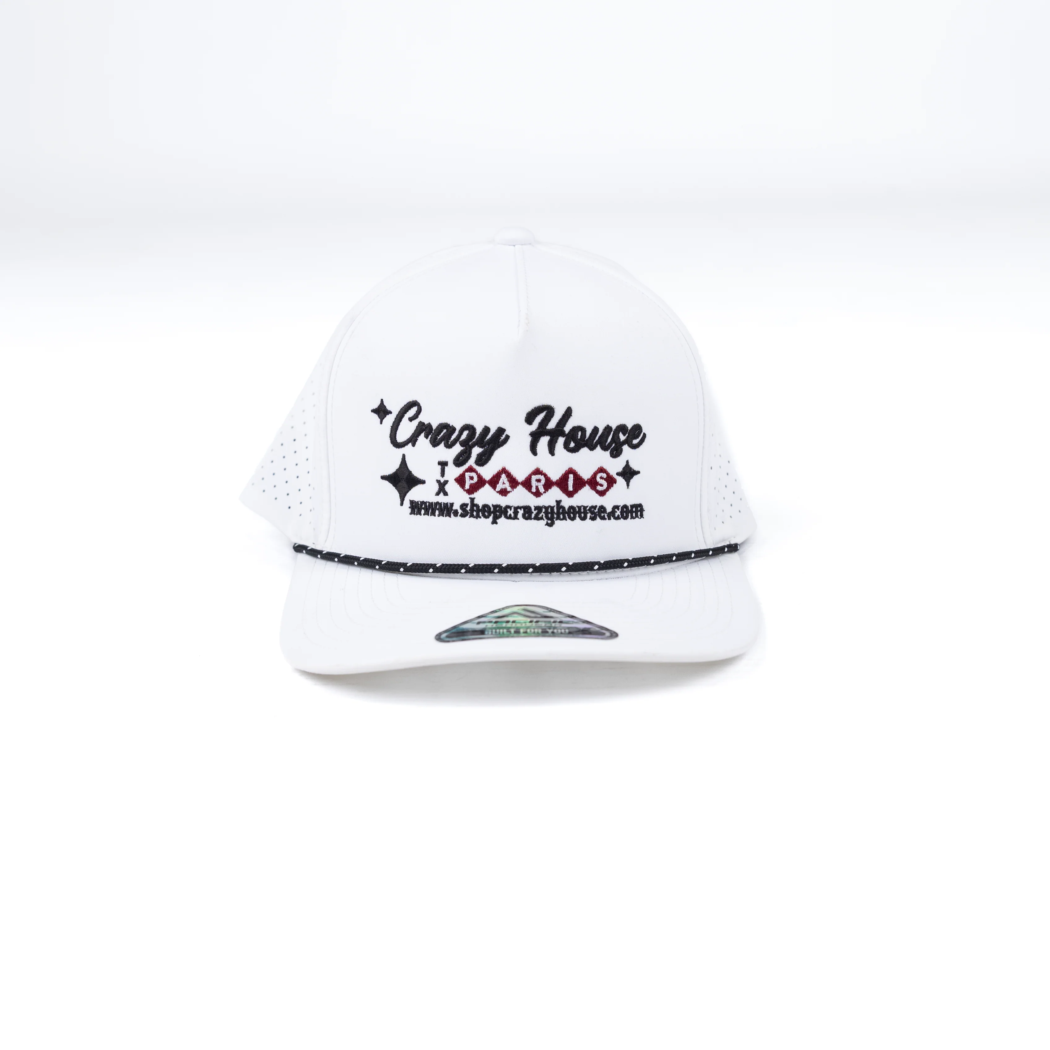 Crazy House White Cap with Black and Red Stitching