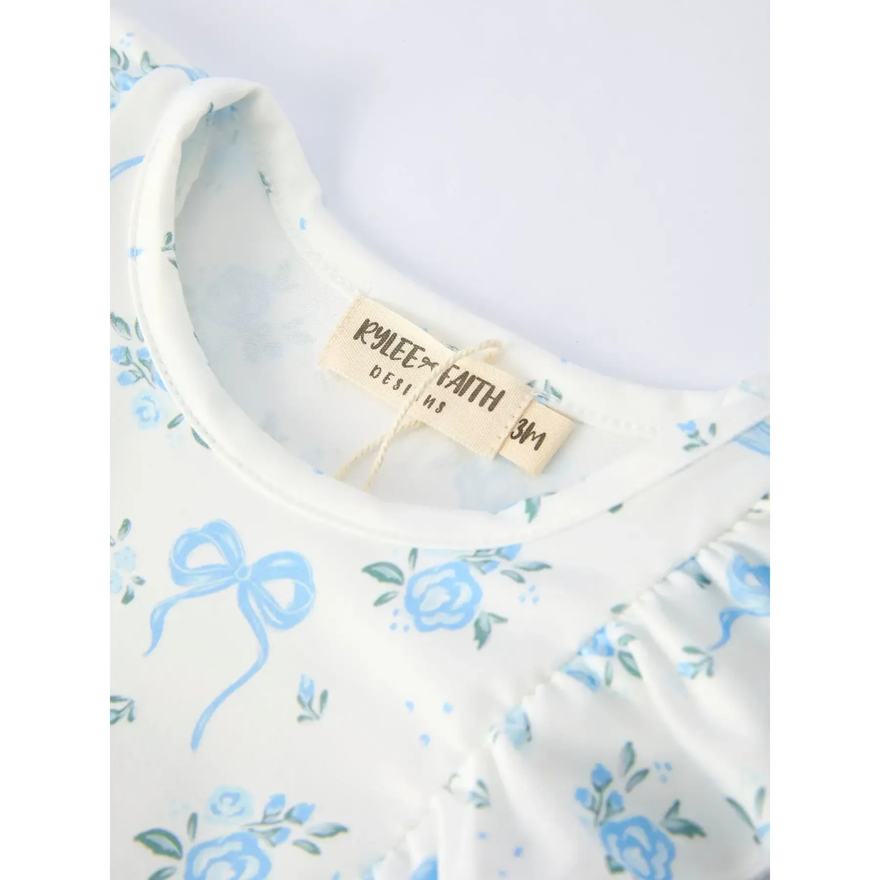 Girl's Blue Floral and Bow Ruffle Onesie - Image 3
