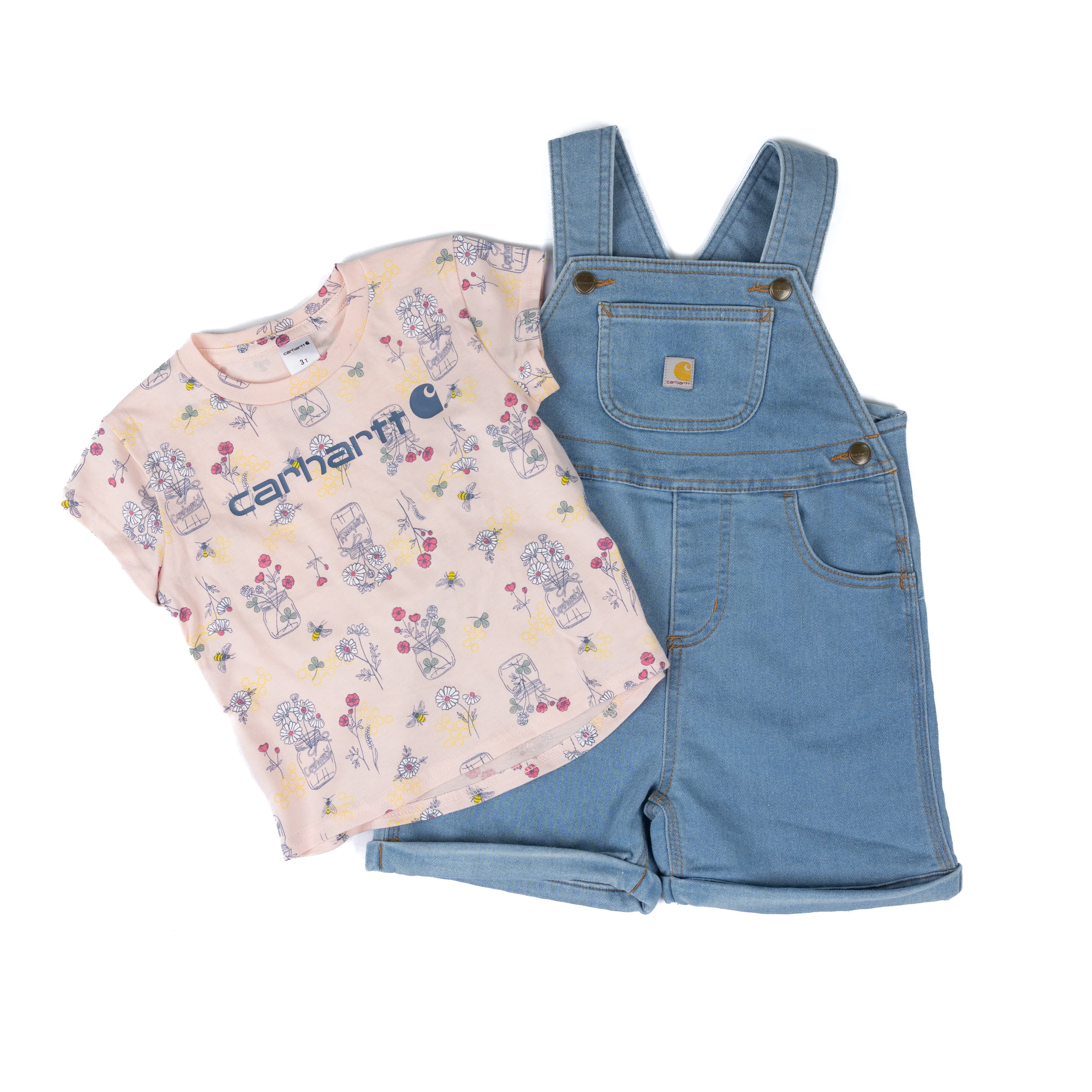 Girl's Carhartt Light Wash Bee Print Shortall 2 Piece Set CG9969-N108 - Image 3