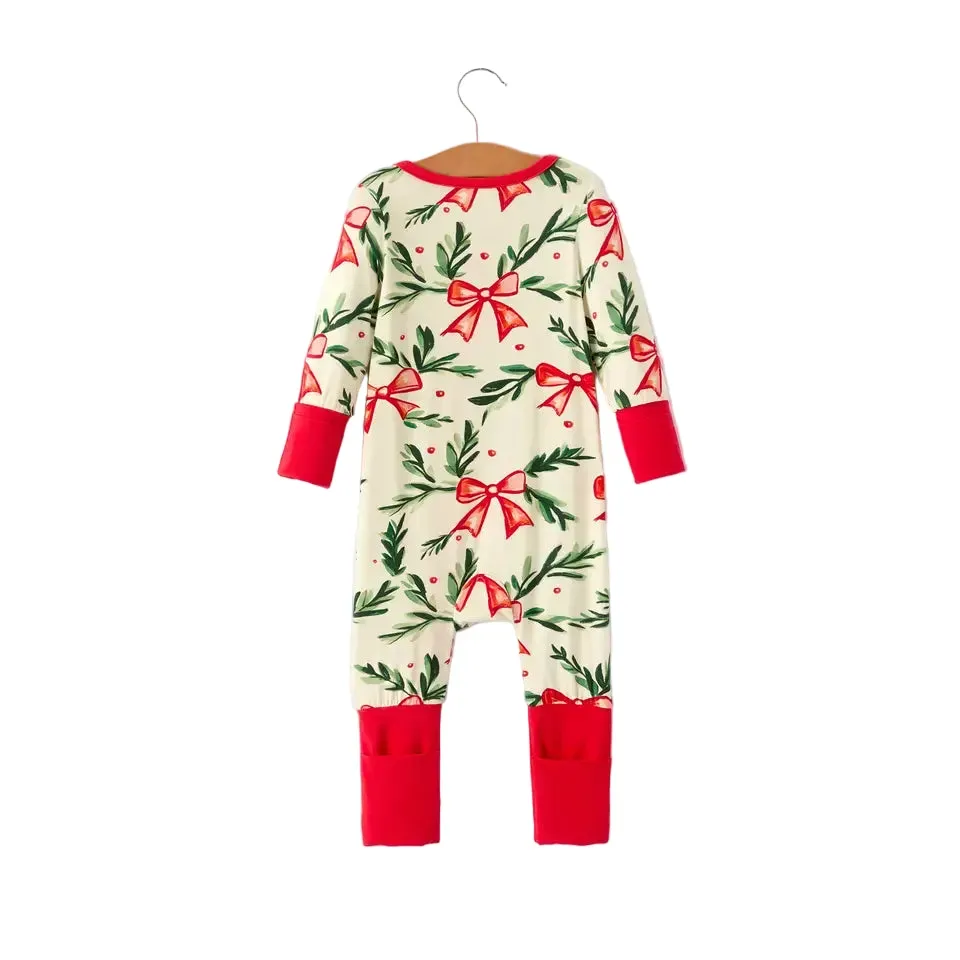 Girl's Christmas Bow and Holly Print Pajama Romper - Image 2