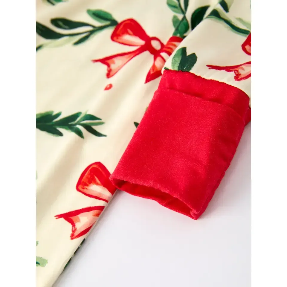 Girl's Christmas Bow and Holly Print Pajama Romper - Image 4