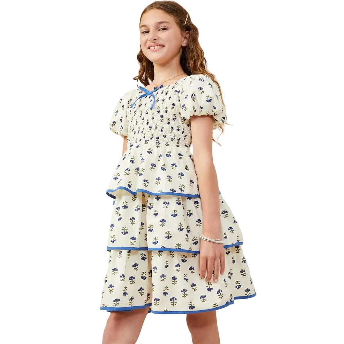Girl's Hayden Floral Tiered Smocked Contrast Bow Dress GY9535 - Image 4
