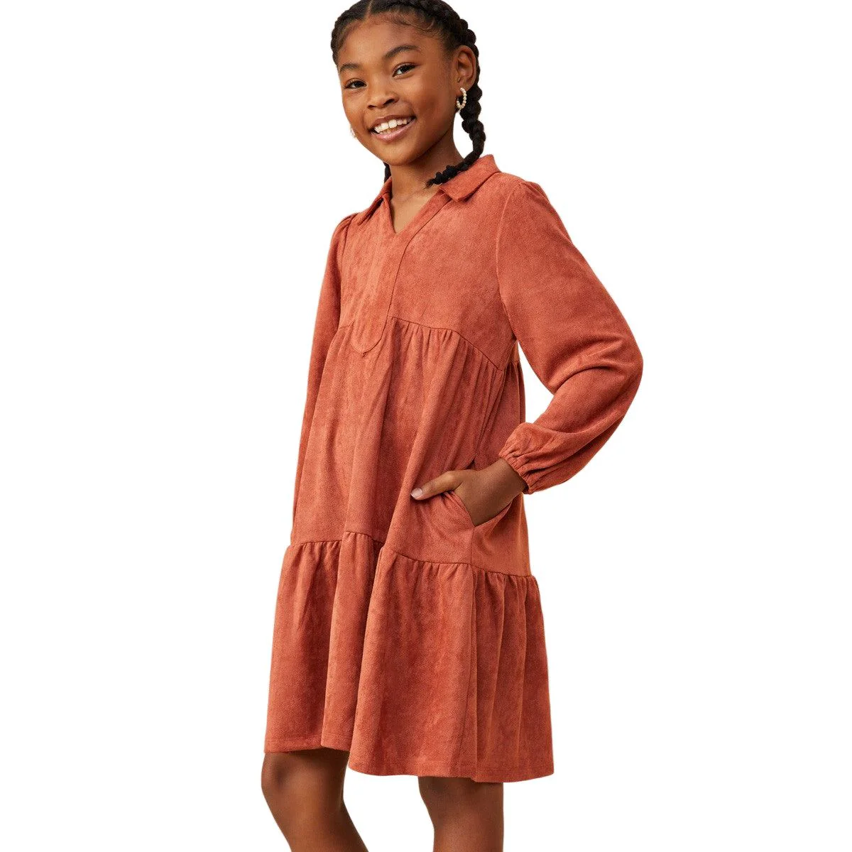 Girls Collar Suede Swing Dress - Image 3