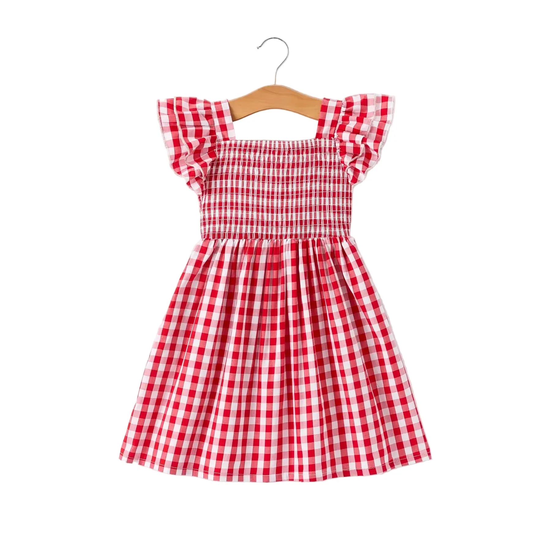 Girl's Red Summer Plaid Smocked Ruffle Dress