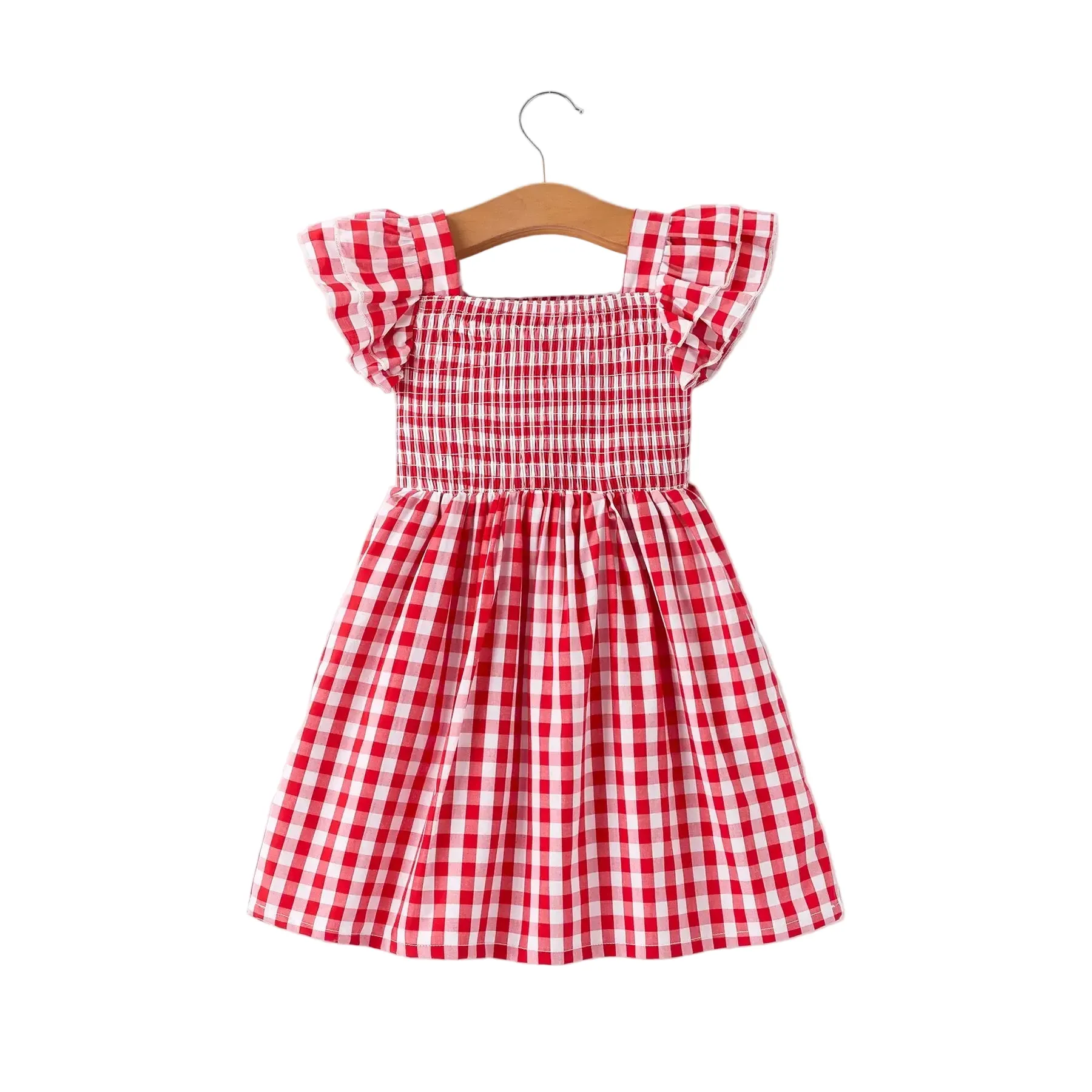 Girl's Red Summer Plaid Smocked Ruffle Dress - Image 2