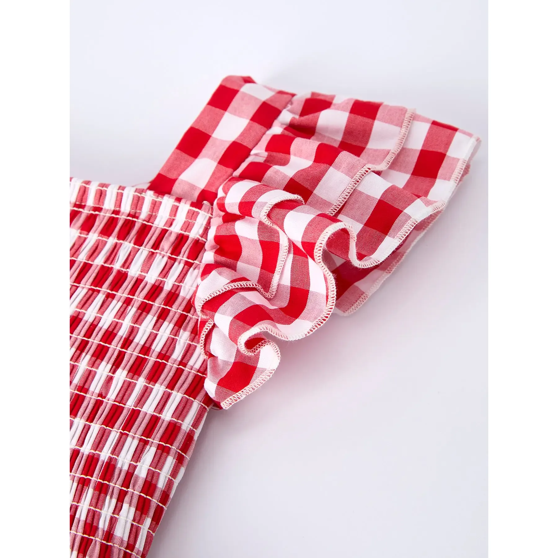 Girl's Red Summer Plaid Smocked Ruffle Dress - Image 3