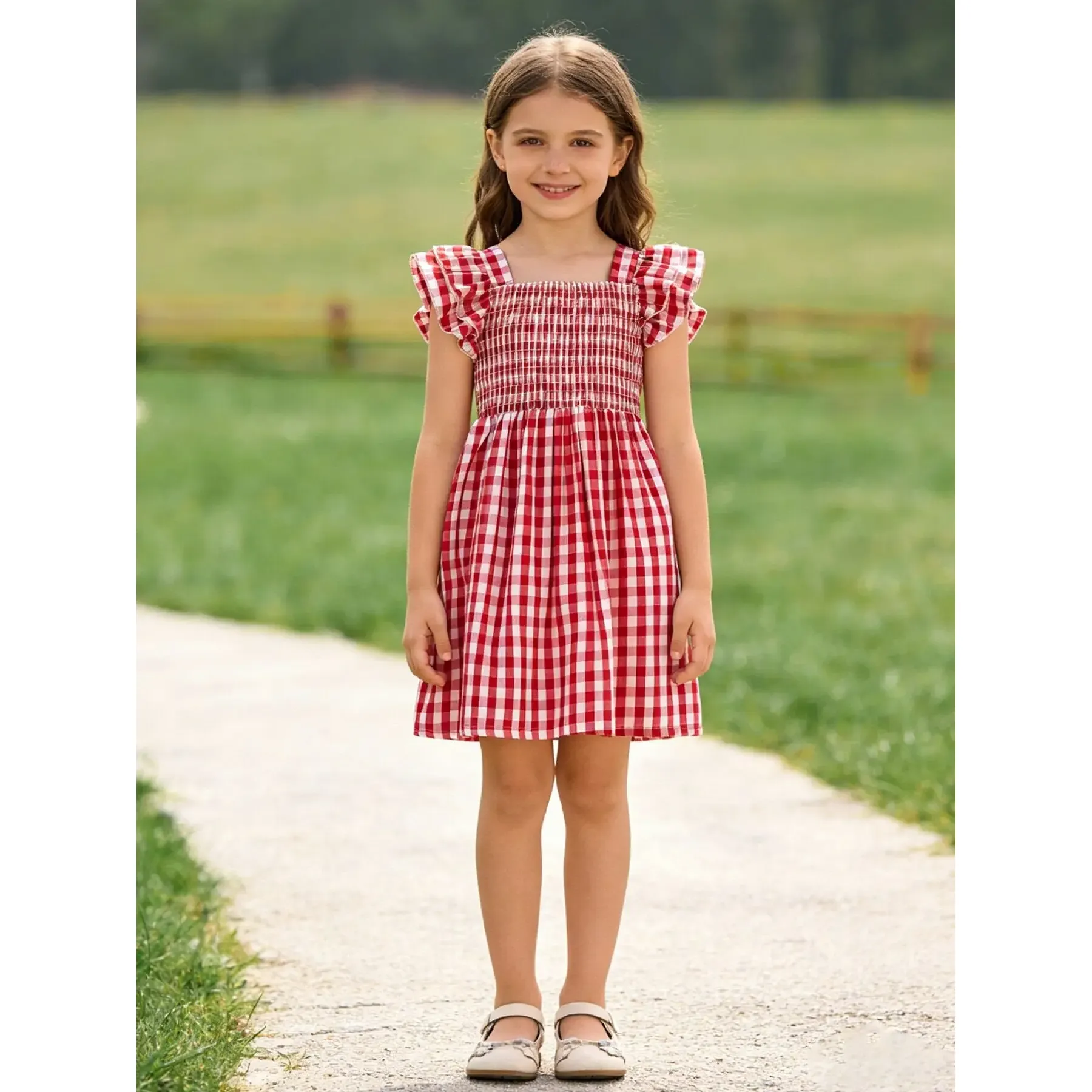 Girl's Red Summer Plaid Smocked Ruffle Dress - Image 4