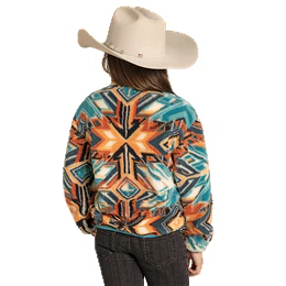 Girl's Rock and Roll Denim Aztec Print 1/4 Zip Jacket BG91C07752 - Image 3