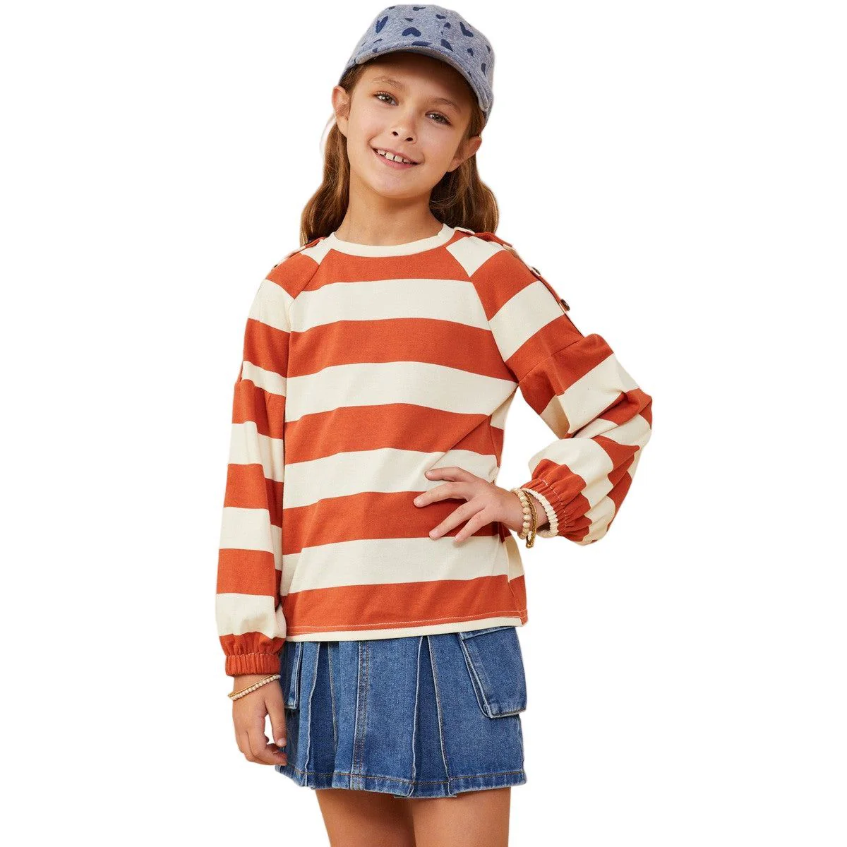 Girls Hayden Shoulder Button Detail Puff Sleeve Knit Top