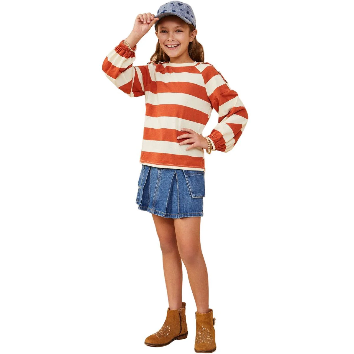 Girls Hayden Shoulder Button Detail Puff Sleeve Knit Top - Image 3