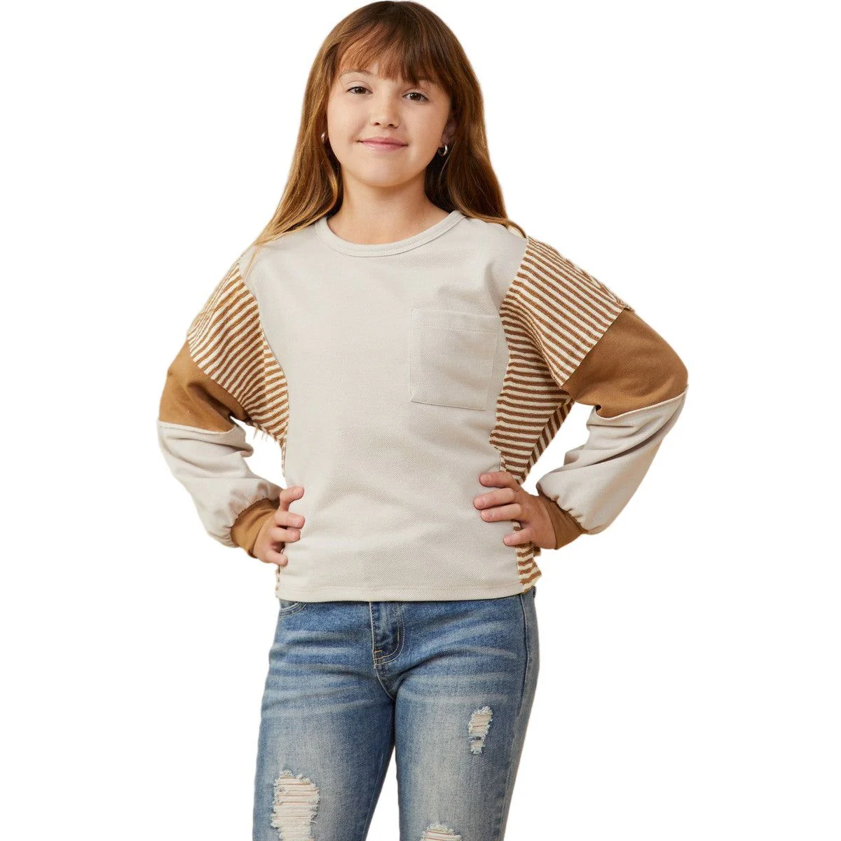 Girls Stripe And Color Block Sleeve Detail Knit GY8999