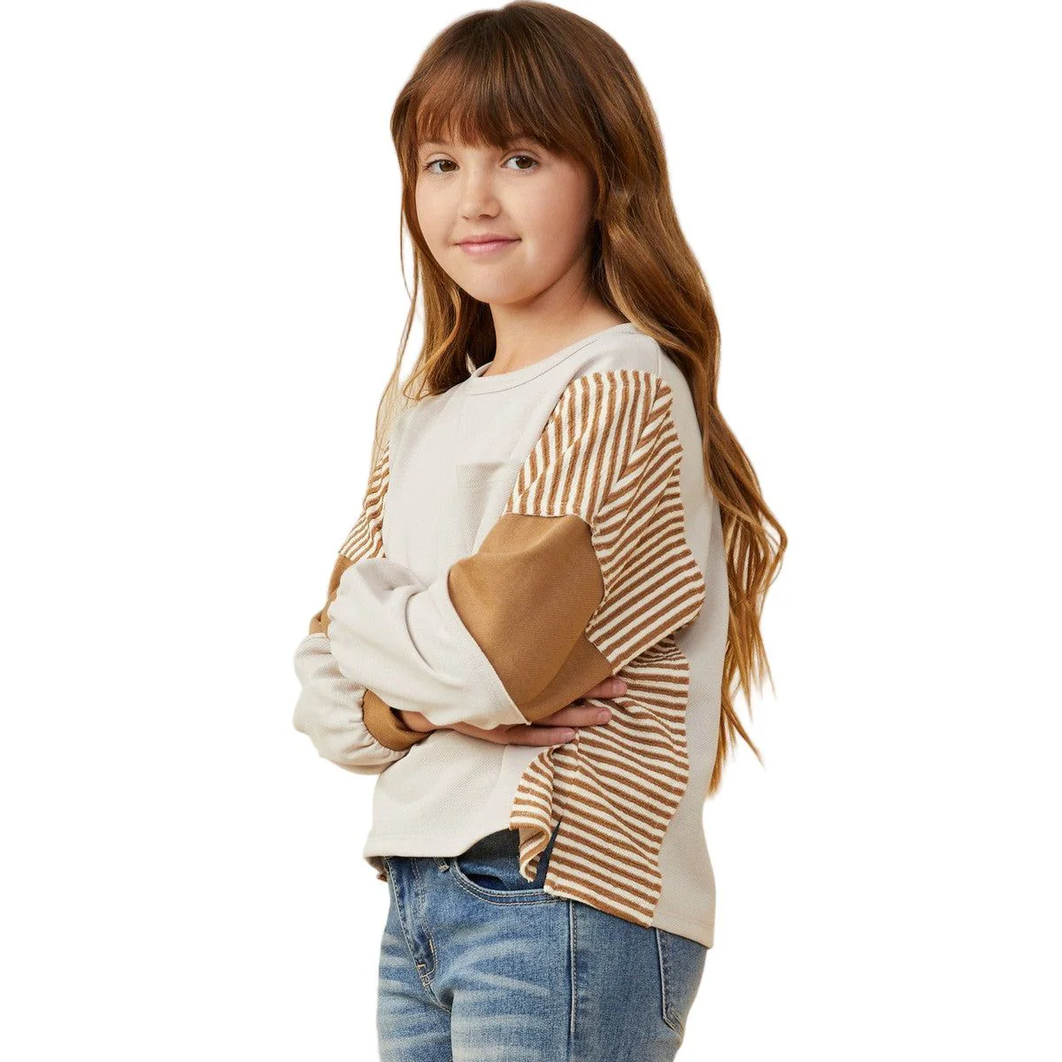 Girls Stripe And Color Block Sleeve Detail Knit GY8999 - Image 3
