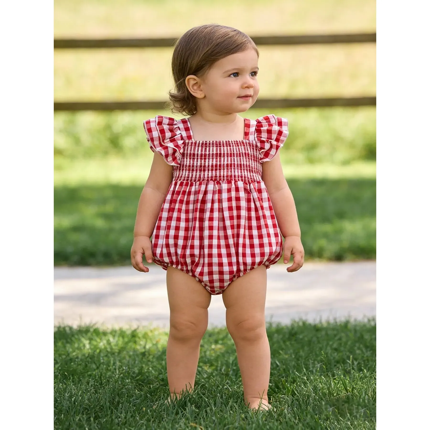 Girl's Summer Plaid Smocked Ruffle Sleeves Onesie - Image 4