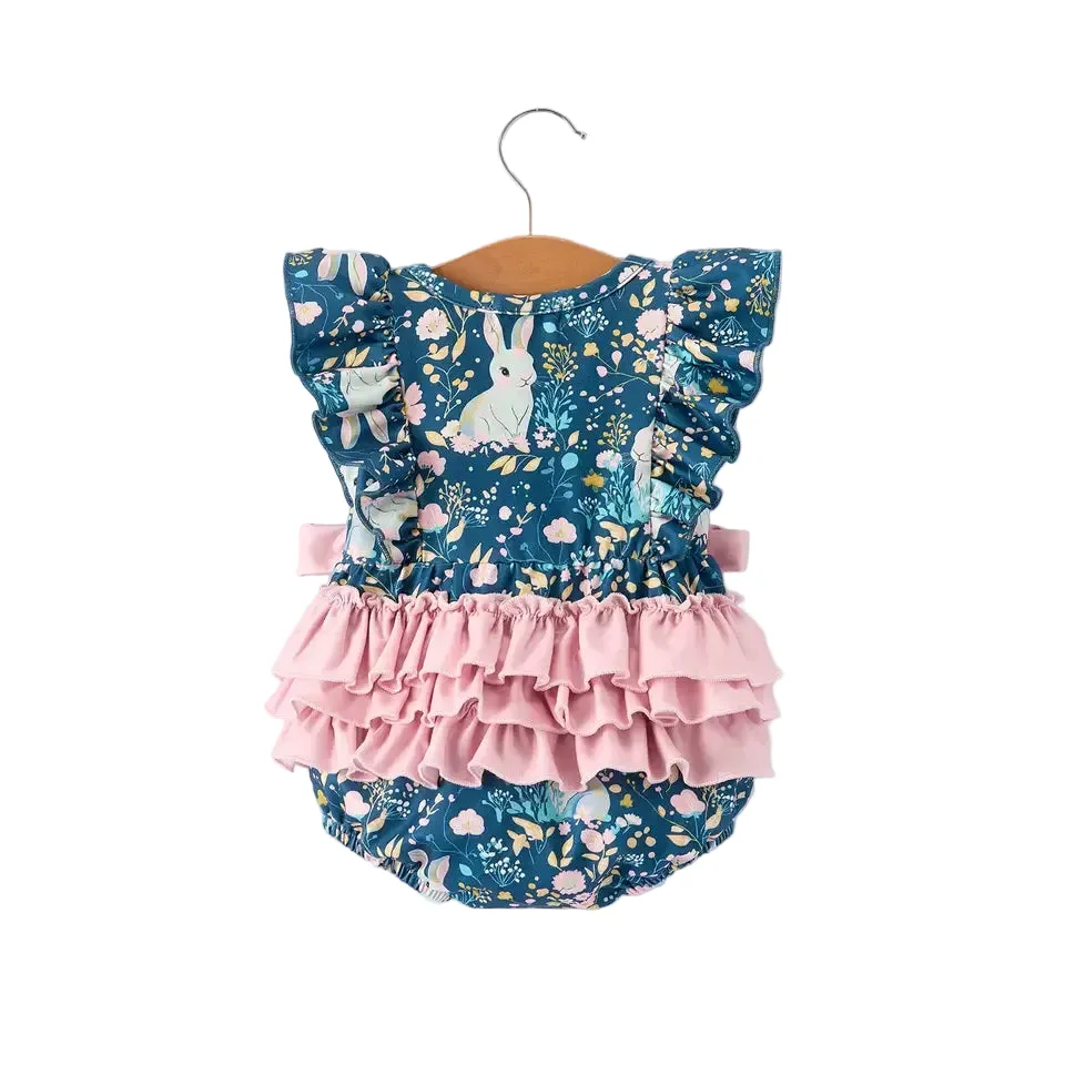 Girl's Teal Easter Bunny Garden Ruffle Sleeve Romper - Image 2