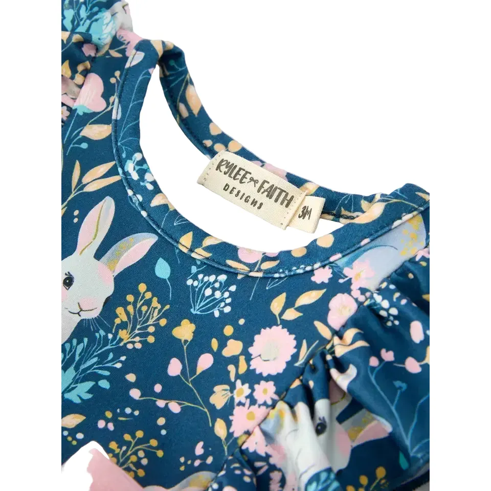 Girl's Teal Easter Bunny Garden Ruffle Sleeve Romper - Image 3