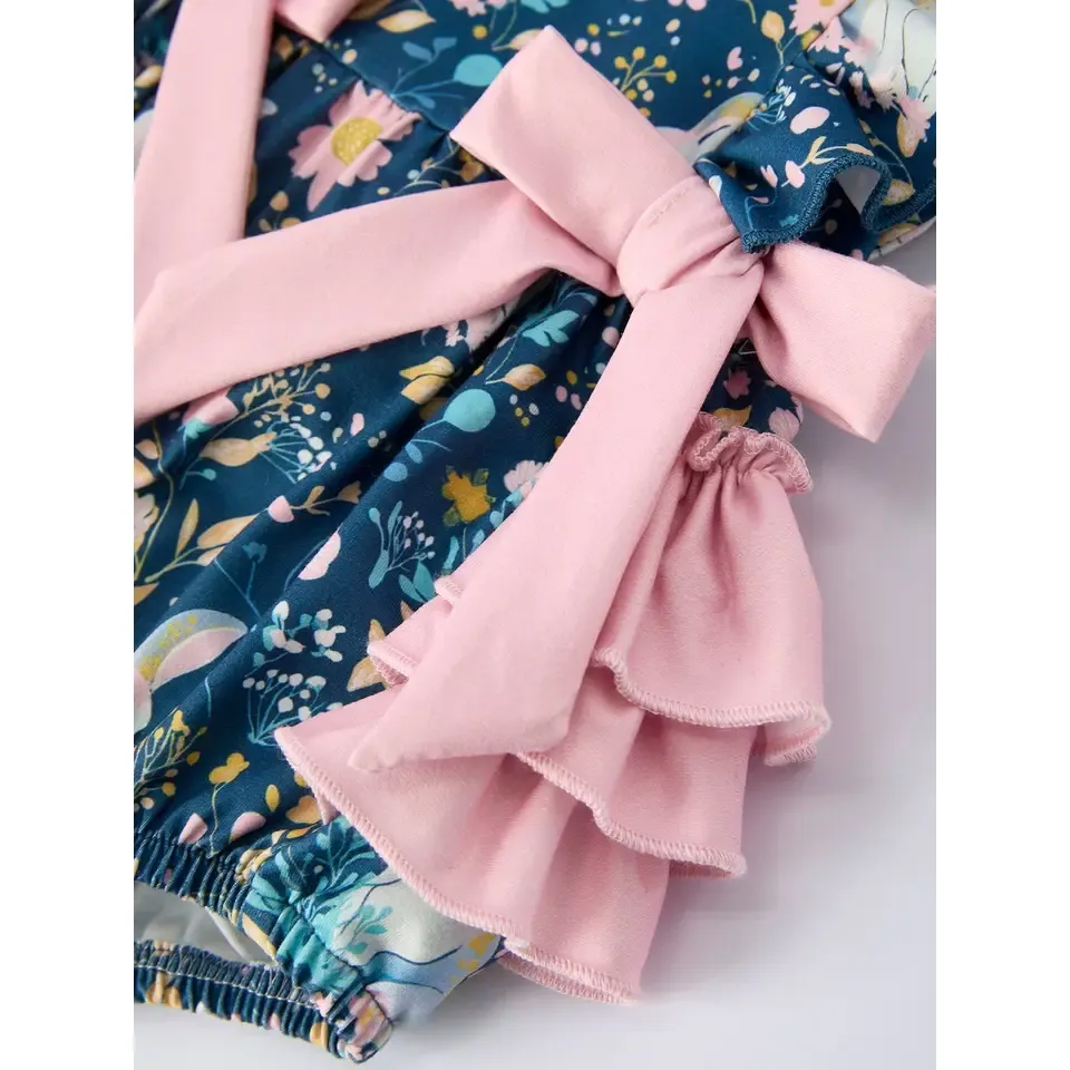 Girl's Teal Easter Bunny Garden Ruffle Sleeve Romper - Image 4