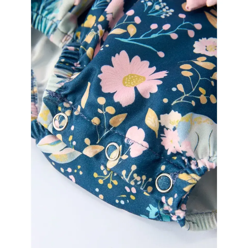 Girl's Teal Easter Bunny Garden Ruffle Sleeve Romper - Image 5