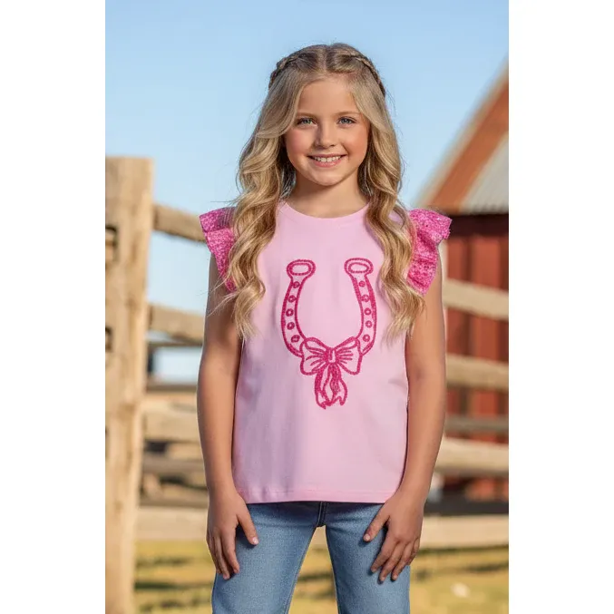 Girl's Youth Twisted Filly Pink Horse Shoes Ruffle Sleeves T-shirt - Image 2