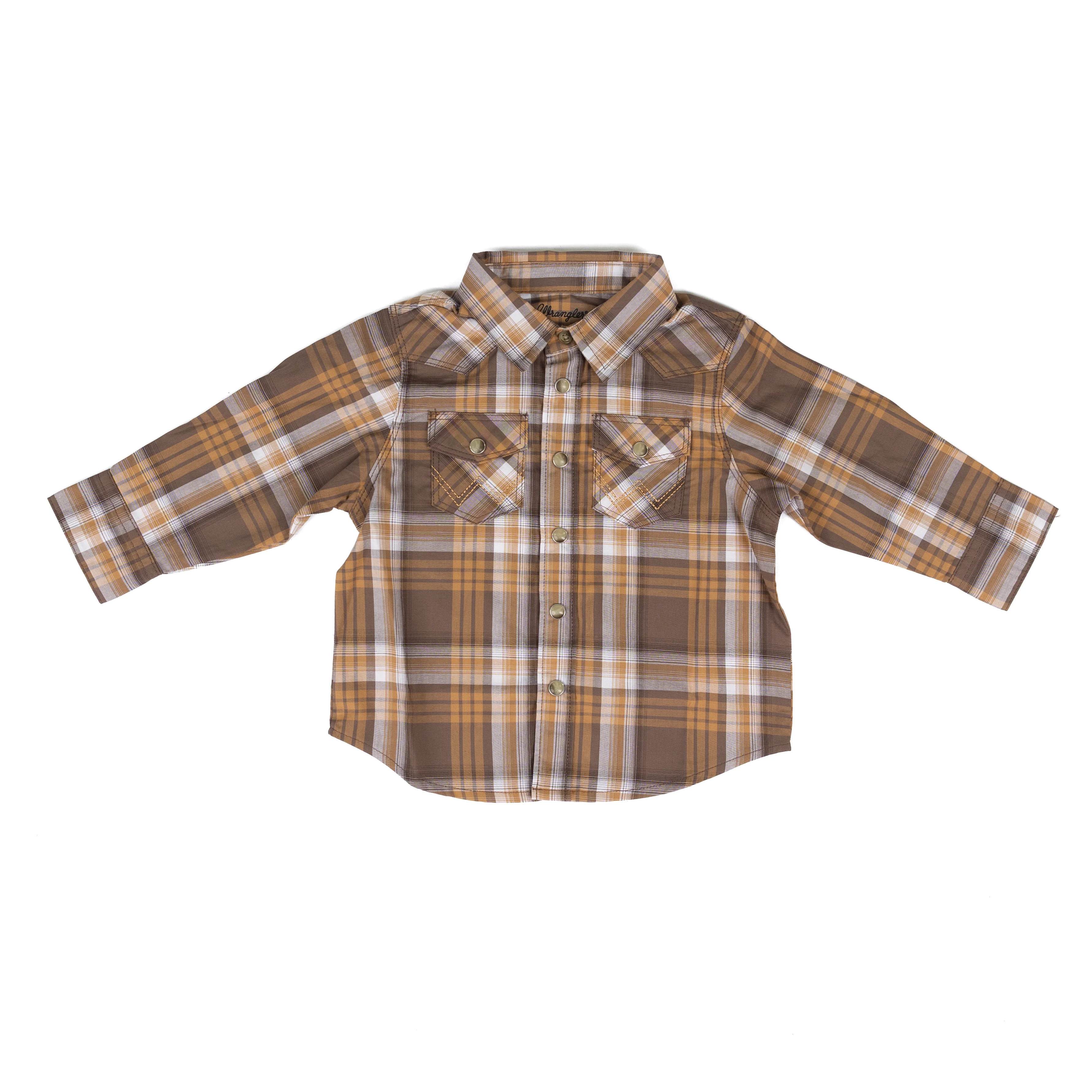 Little Boy's Wrangler Maple Brown Long Sleeve Plaid Western Snap Shirt 112381492