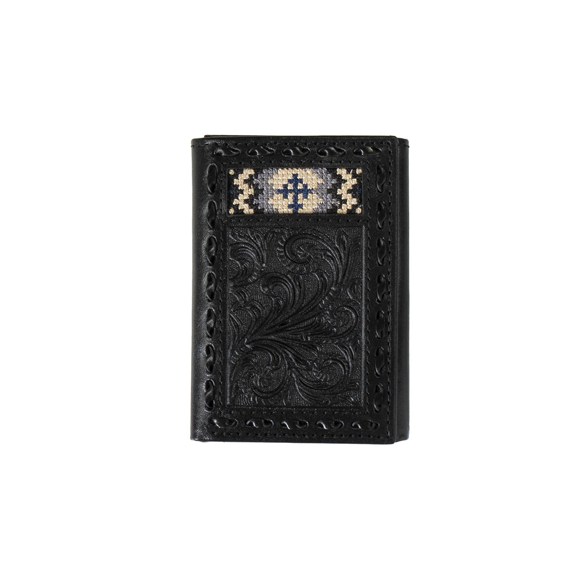 Men's 3D Black Trifold Black Genuine Leather Wallet D250007401