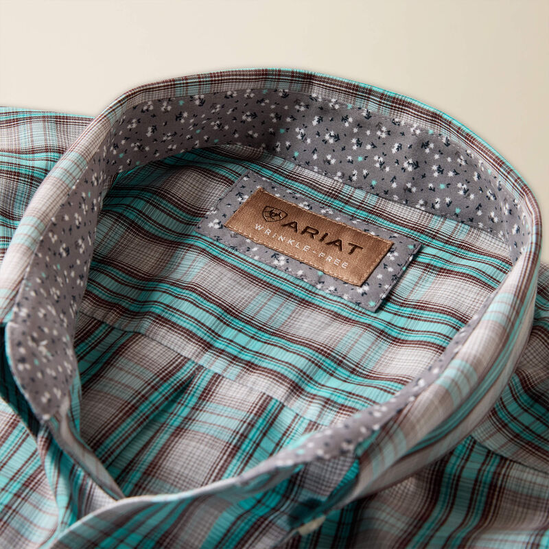 Men's Ariat Blue Turquoise Plaid Wrinkle Free Wolfe Classic Fit Shirt 10073686 - Image 5