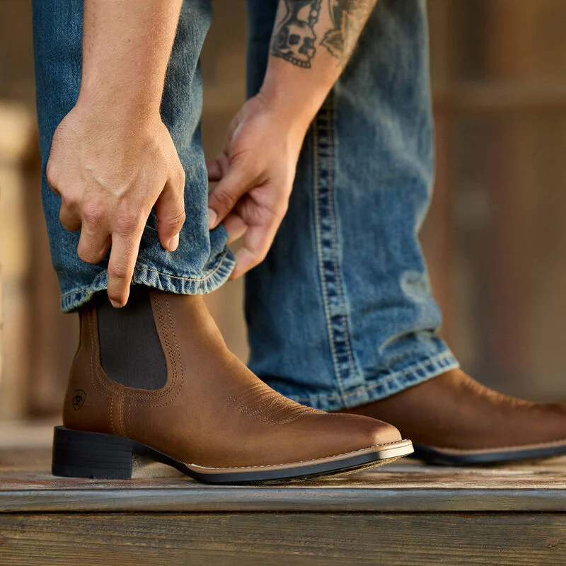Men's Ariat Distressed Tan Booker Chelsea Wide Square Toe Western Boot 10031452 - Image 6