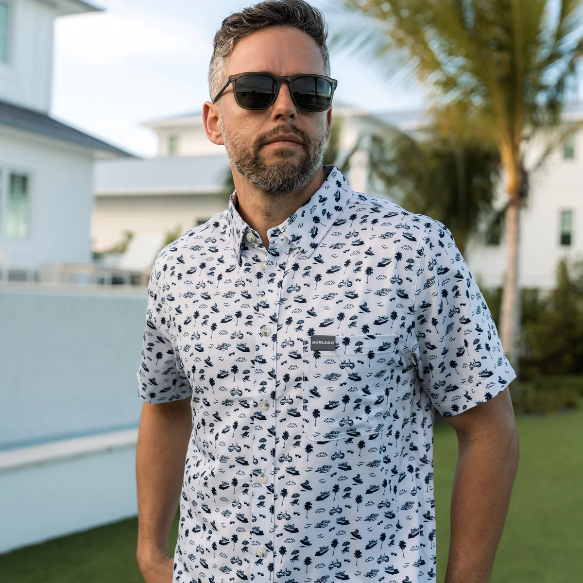 Men's Burlebo Cream/Navy On The Water Performance Button Up PBU-OTW-CN - Image 7