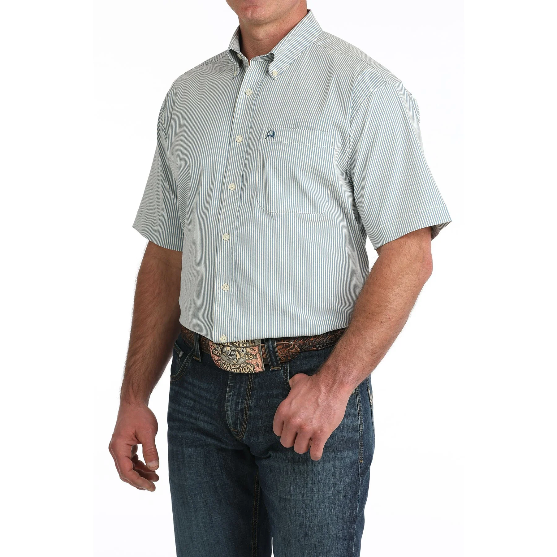Men's Cinch Blue Striped Arenaflex Short Sleeve Shirt MTW1704166