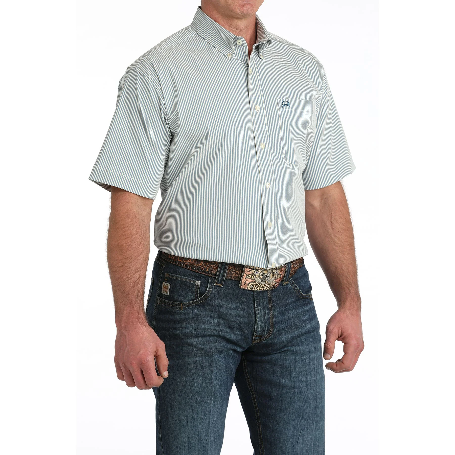 Men's Cinch Blue Striped Arenaflex Short Sleeve Shirt MTW1704166 - Image 2