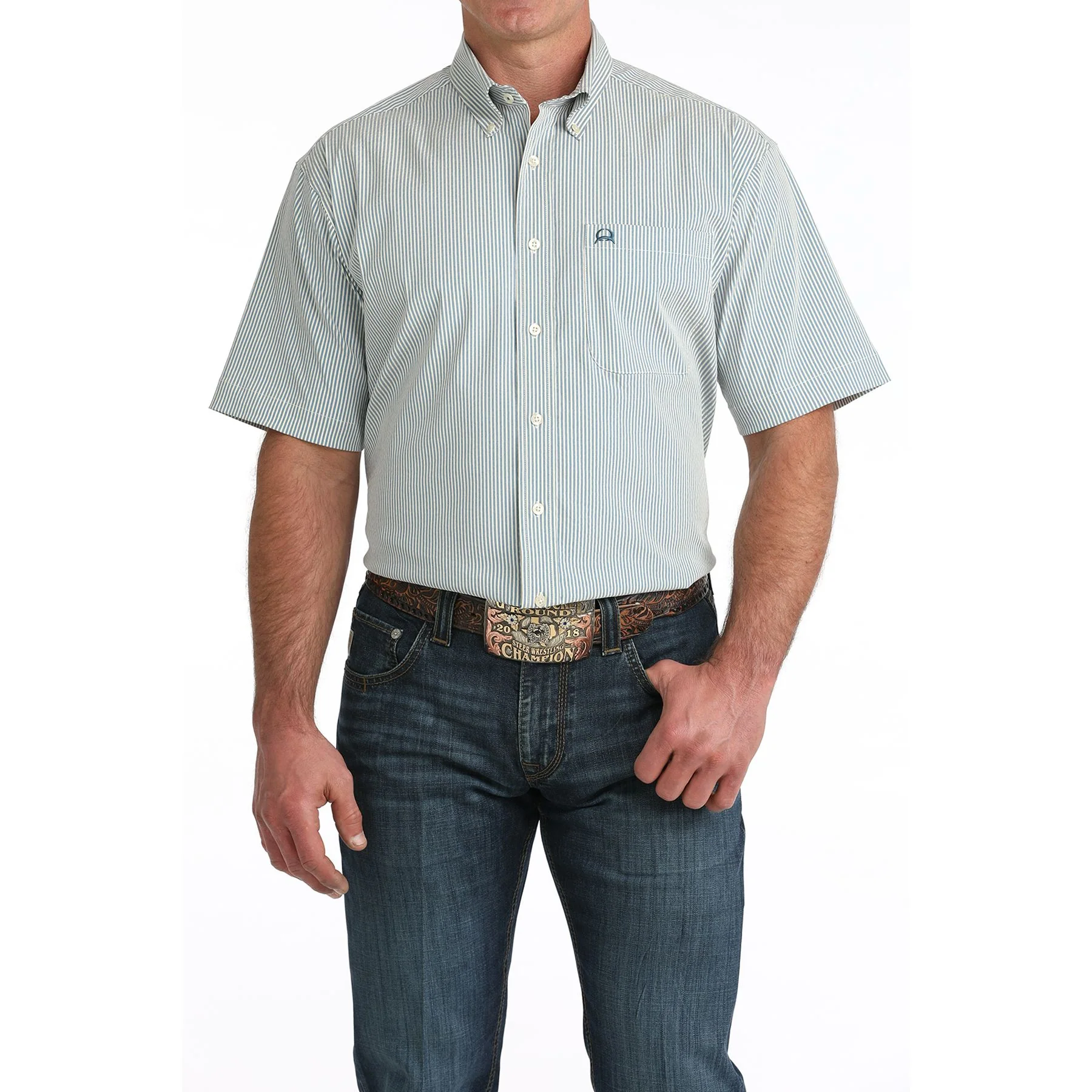 Men's Cinch Blue Striped Arenaflex Short Sleeve Shirt MTW1704166 - Image 4