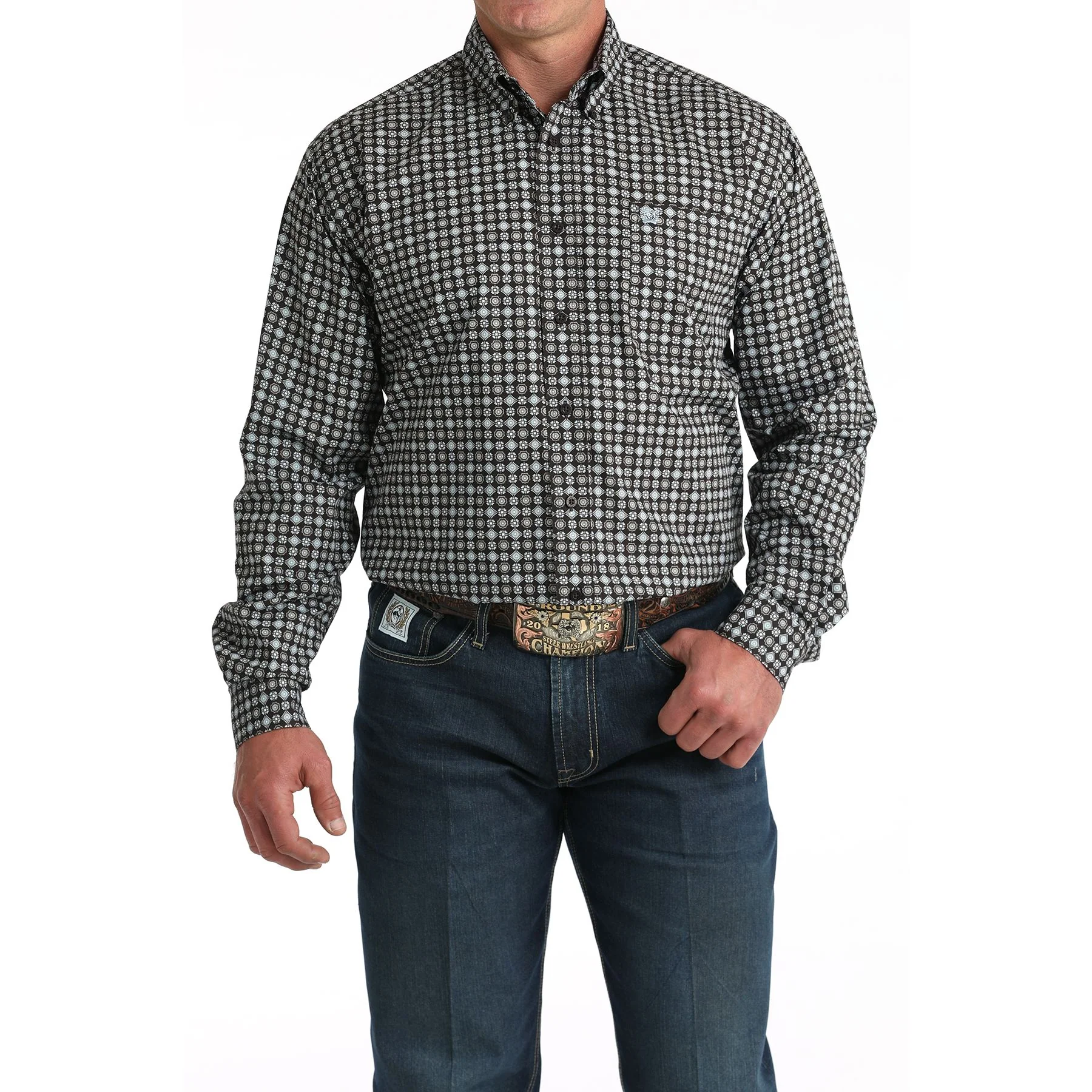 Men's Cinch Brown Geometric Print Button Down Shirt MTW1106002 - Image 3