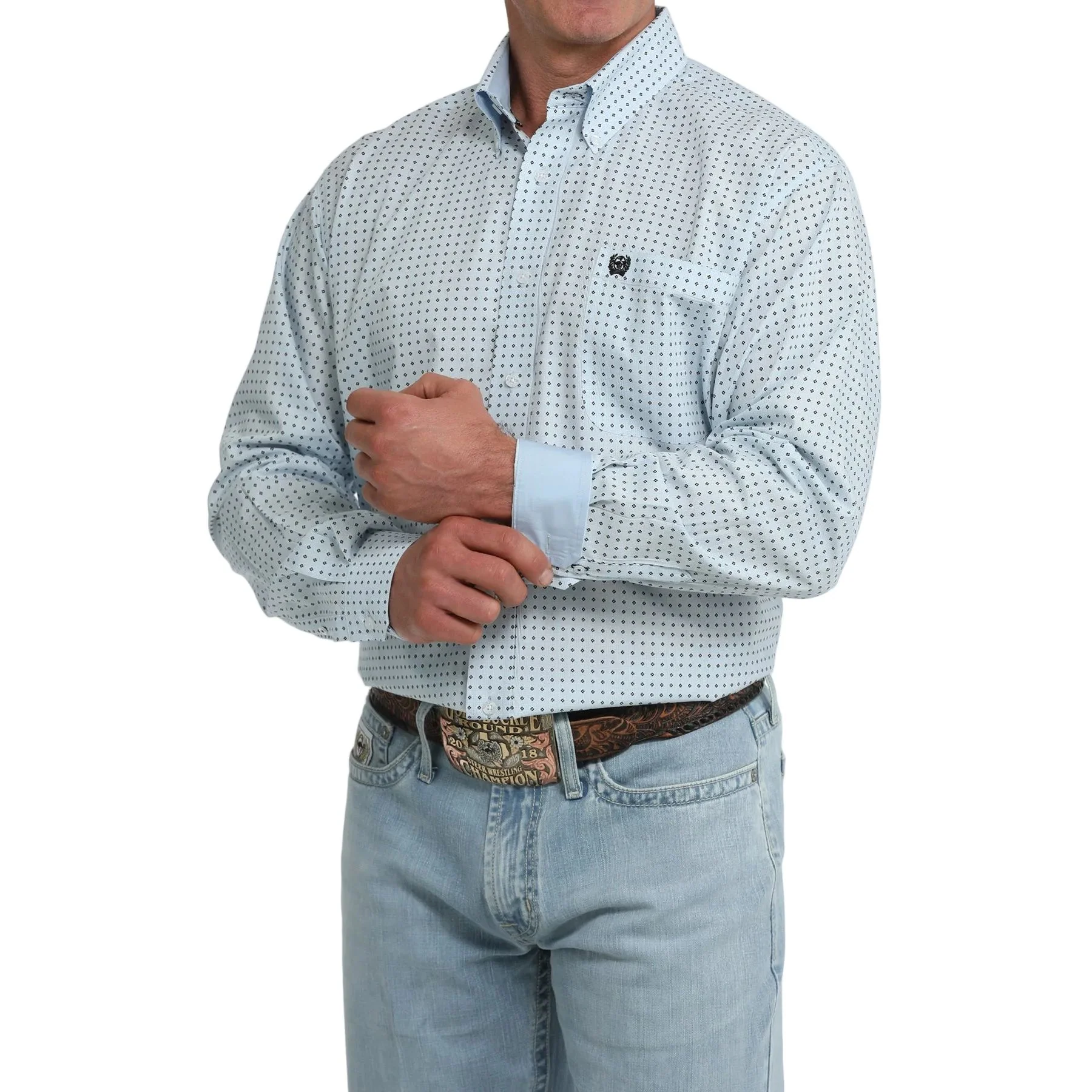 Men's Cinch Light Blue Geo Print Long Sleeve Classic Fit Shirt MTW1106124 - Image 2