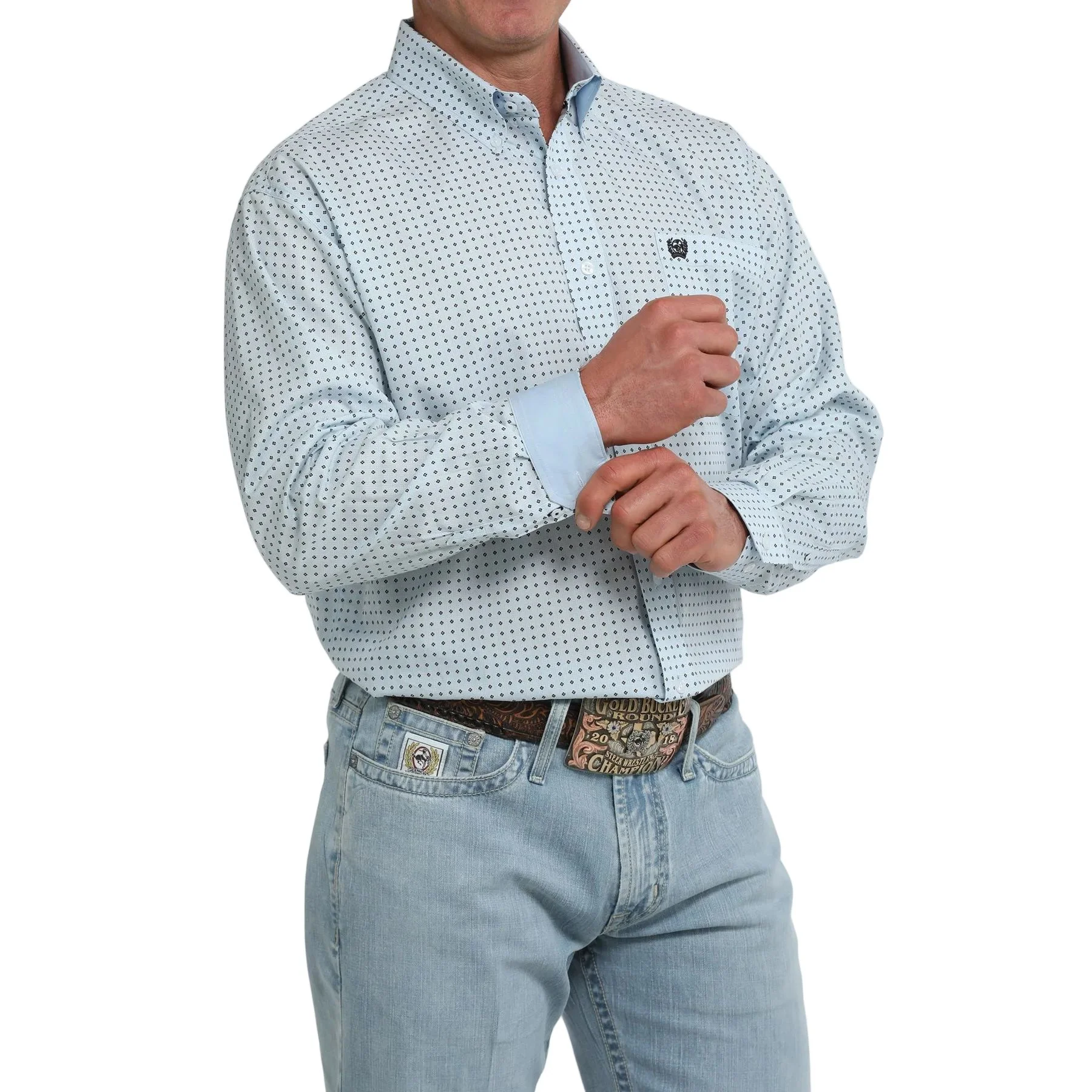 Men's Cinch Light Blue Geo Print Long Sleeve Classic Fit Shirt MTW1106124 - Image 3