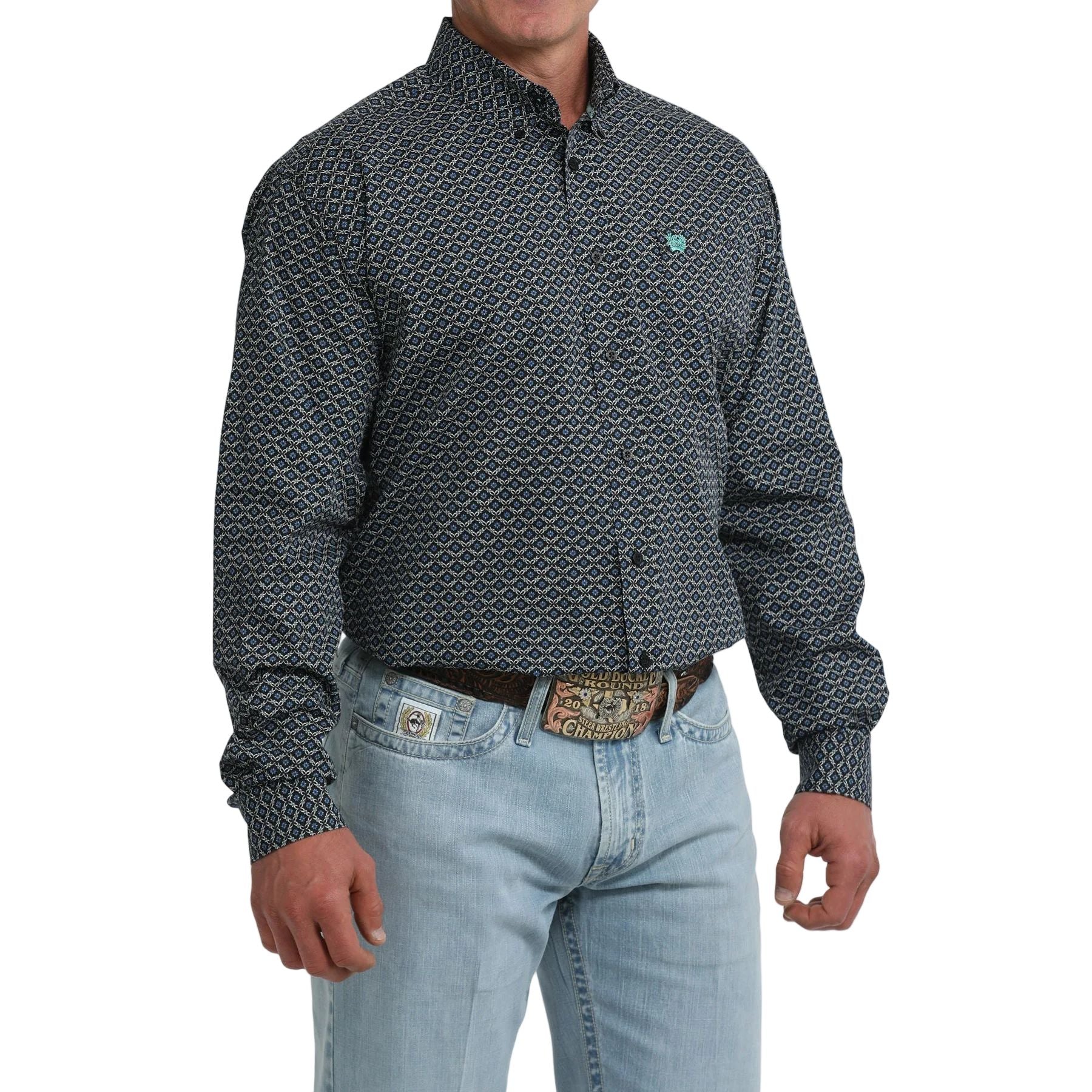 Men's Cinch Long Sleeve Blue and Black Geo Print Classic Fit Shirt MTW1106118 - Image 4