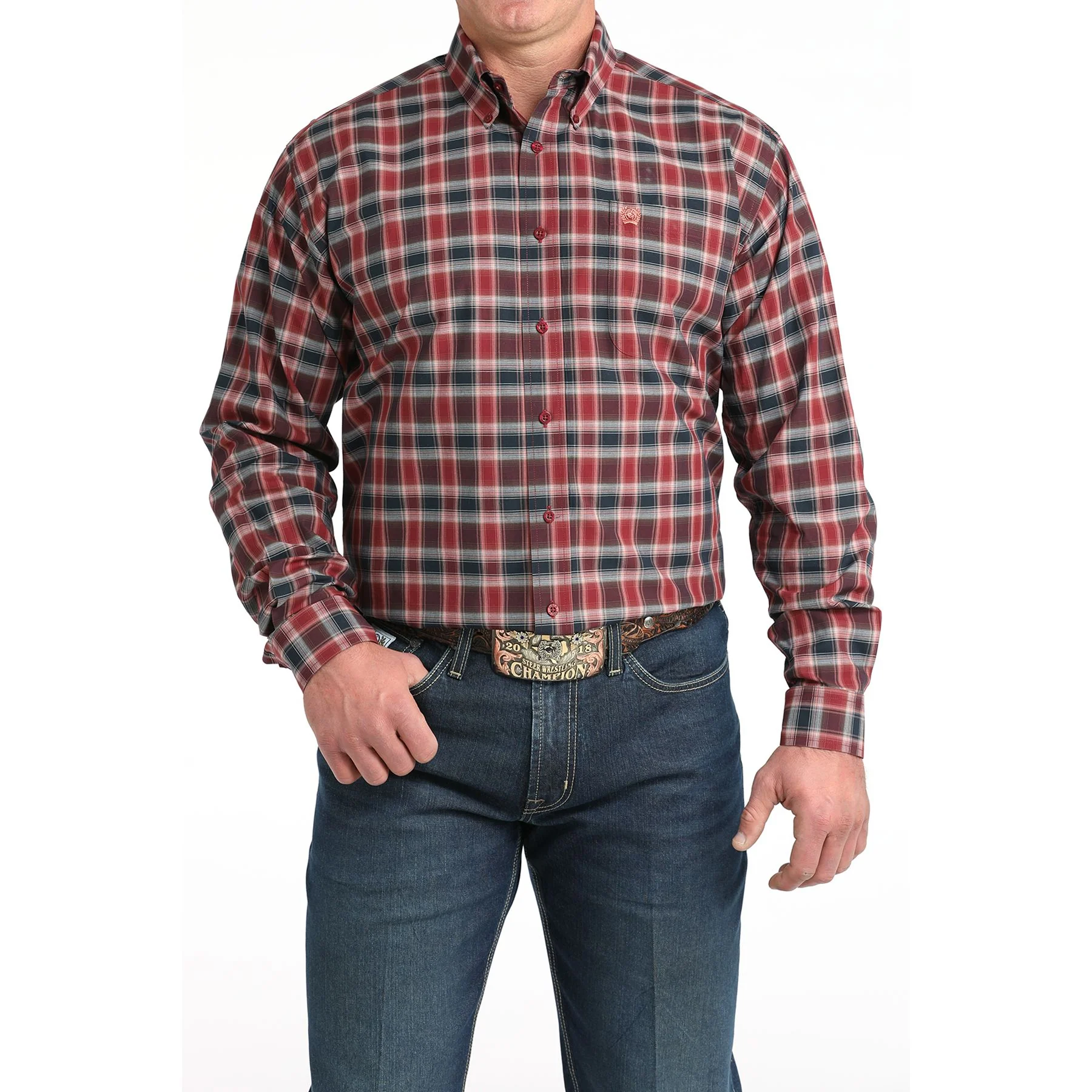 Men's Cinch Long Sleeve Burgundy Plaid Button Up Shirt MTW1106027 - Image 4
