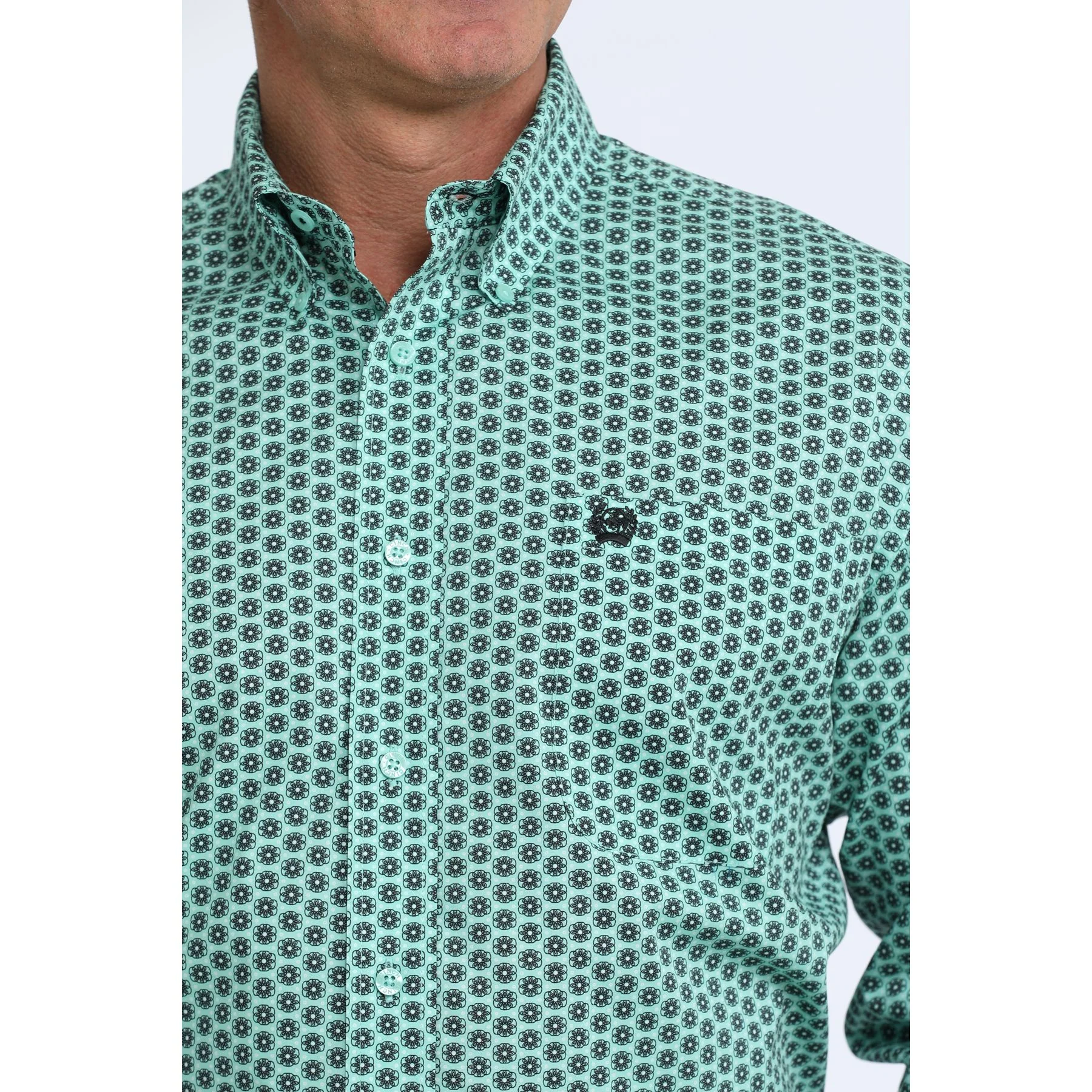 Men's Cinch Long Sleeve Teal Floral Geo Print Classic Fit Button Up Shirt MTW1106116 - Image 3