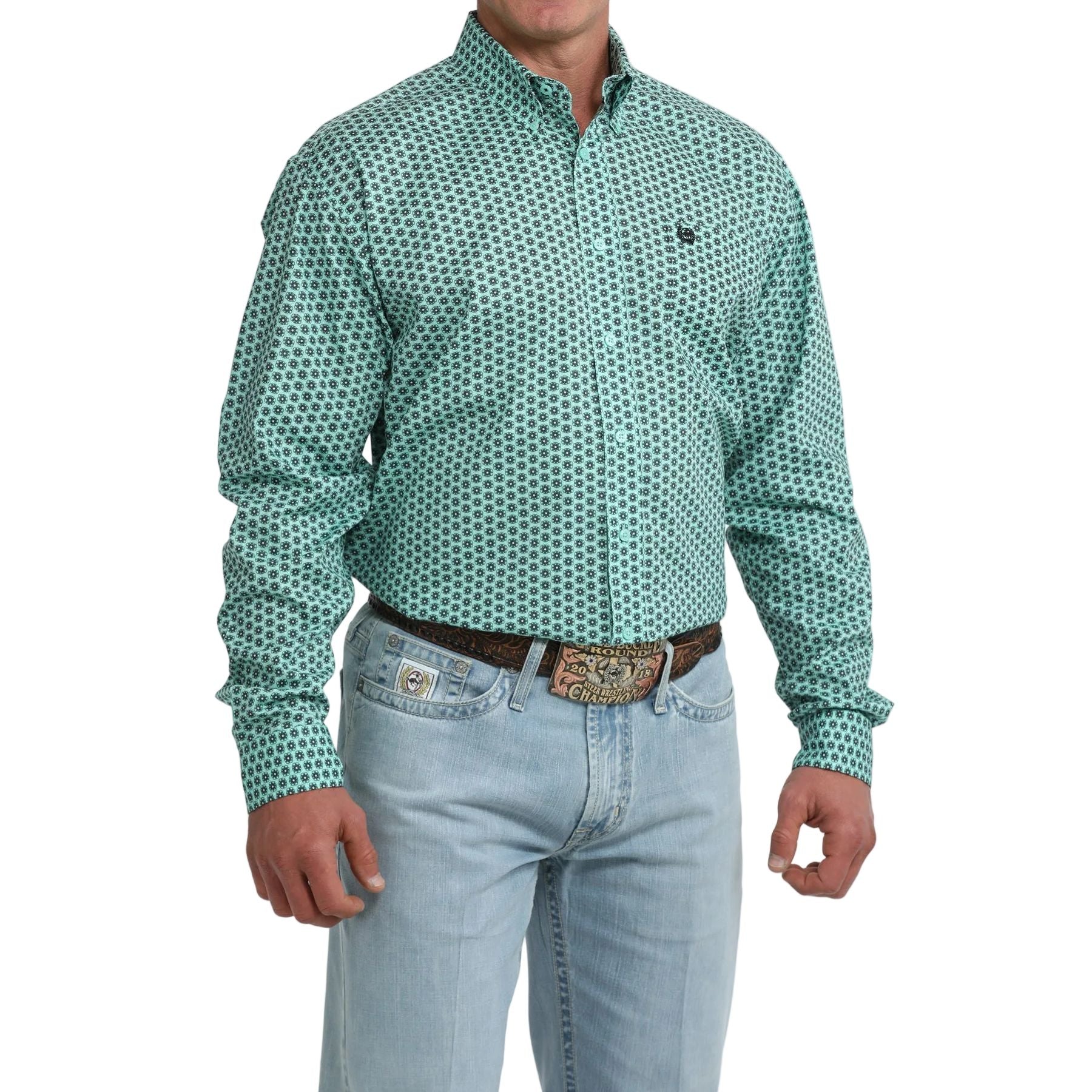 Men's Cinch Long Sleeve Teal Floral Geo Print Classic Fit Button Up Shirt MTW1106116 - Image 4