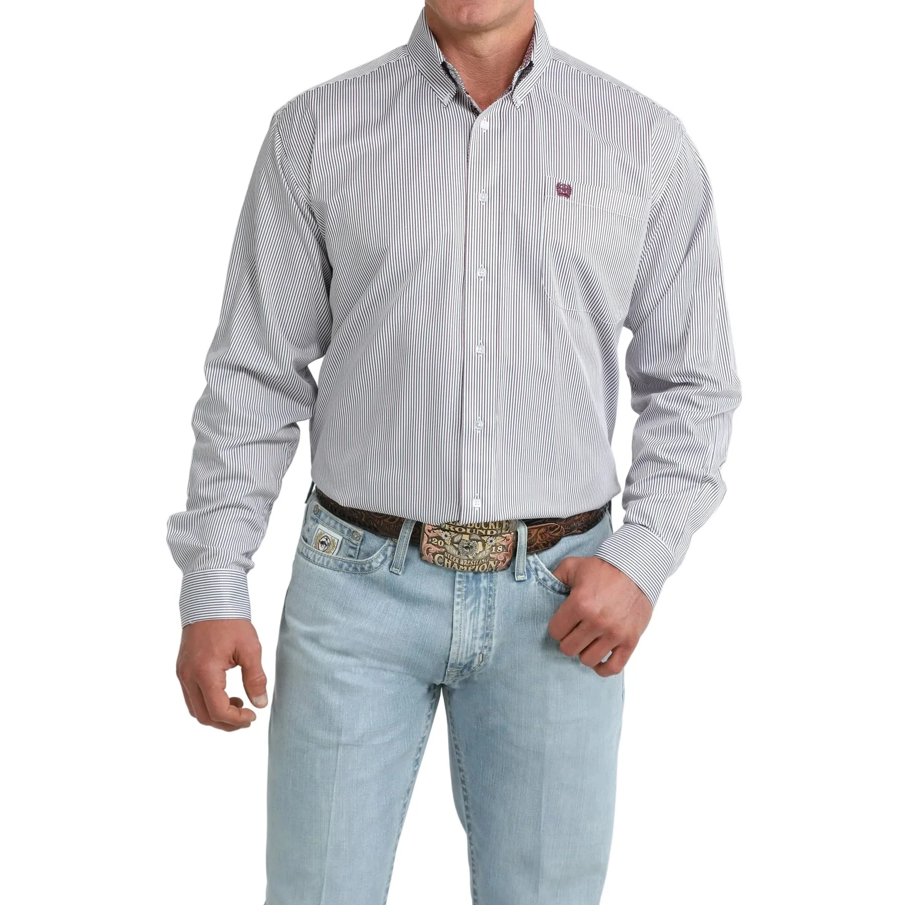 Men's Cinch Long Sleeve White Striped Button Down Shirt MTW1106107 - Image 4