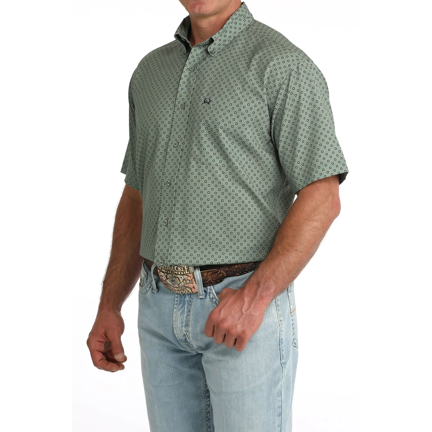 Men's Cinch Olive Geo Printed Arenaflex Short Sleeve Button Up MTW1704176 - Image 2