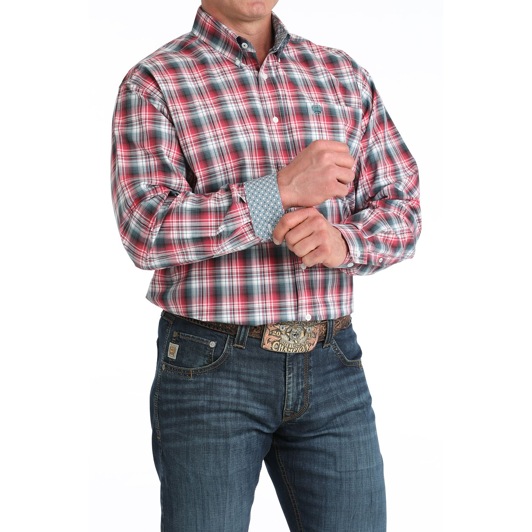 Men's Cinch Red and Black Plaid Long Sleeve Western Shirt MTW1106047 - Image 2