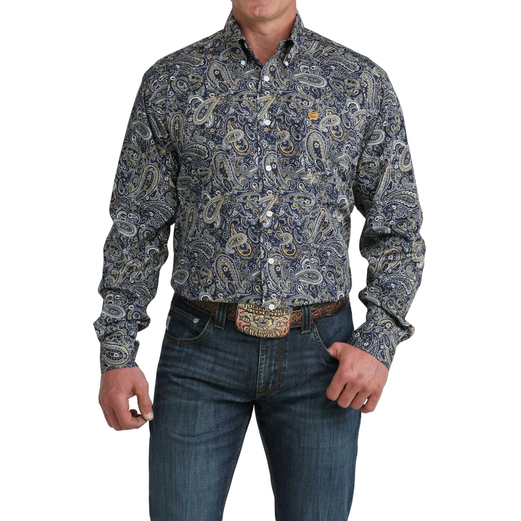 Men's Cinch Royal Blue Paisley Print Button Down Shirt MTW1106072 - Image 4