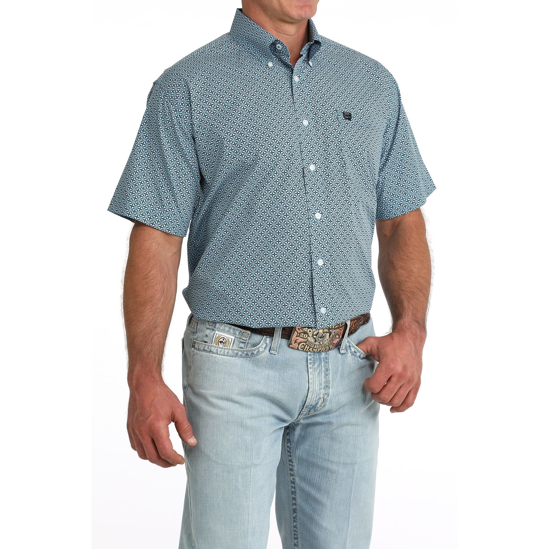 Men's Cinch Short Sleeve Blue Printed Button Up Shirt MTW1111518 - Image 2